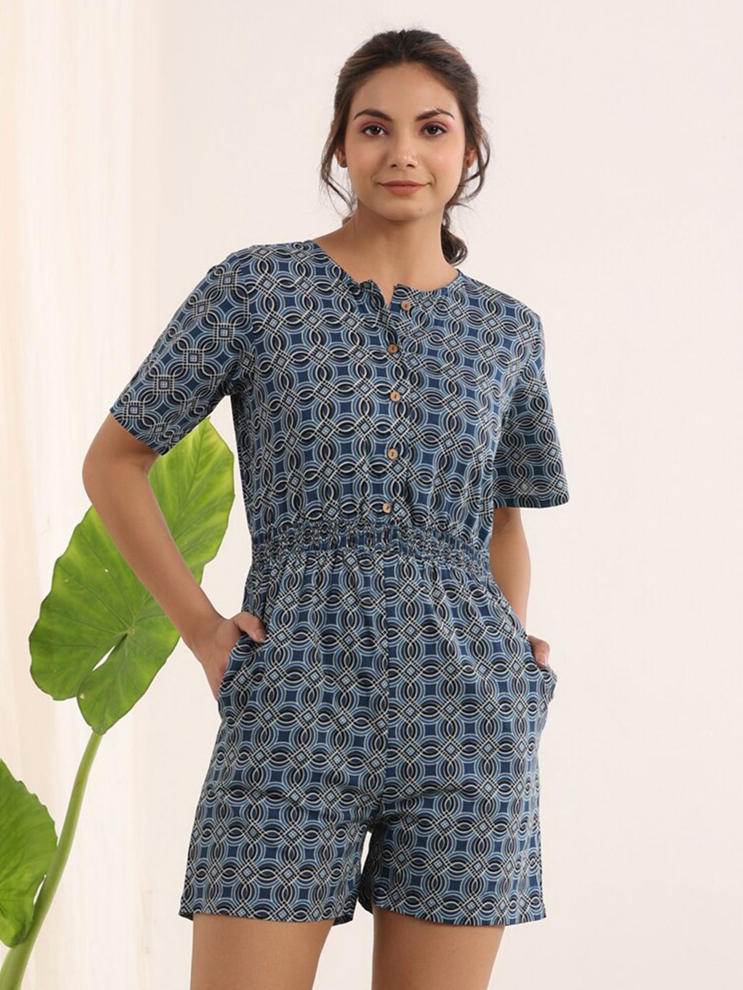 

SANSKRUTIHOMES Geometric Printed Cotton Playsuit Jumpsuit, Blue