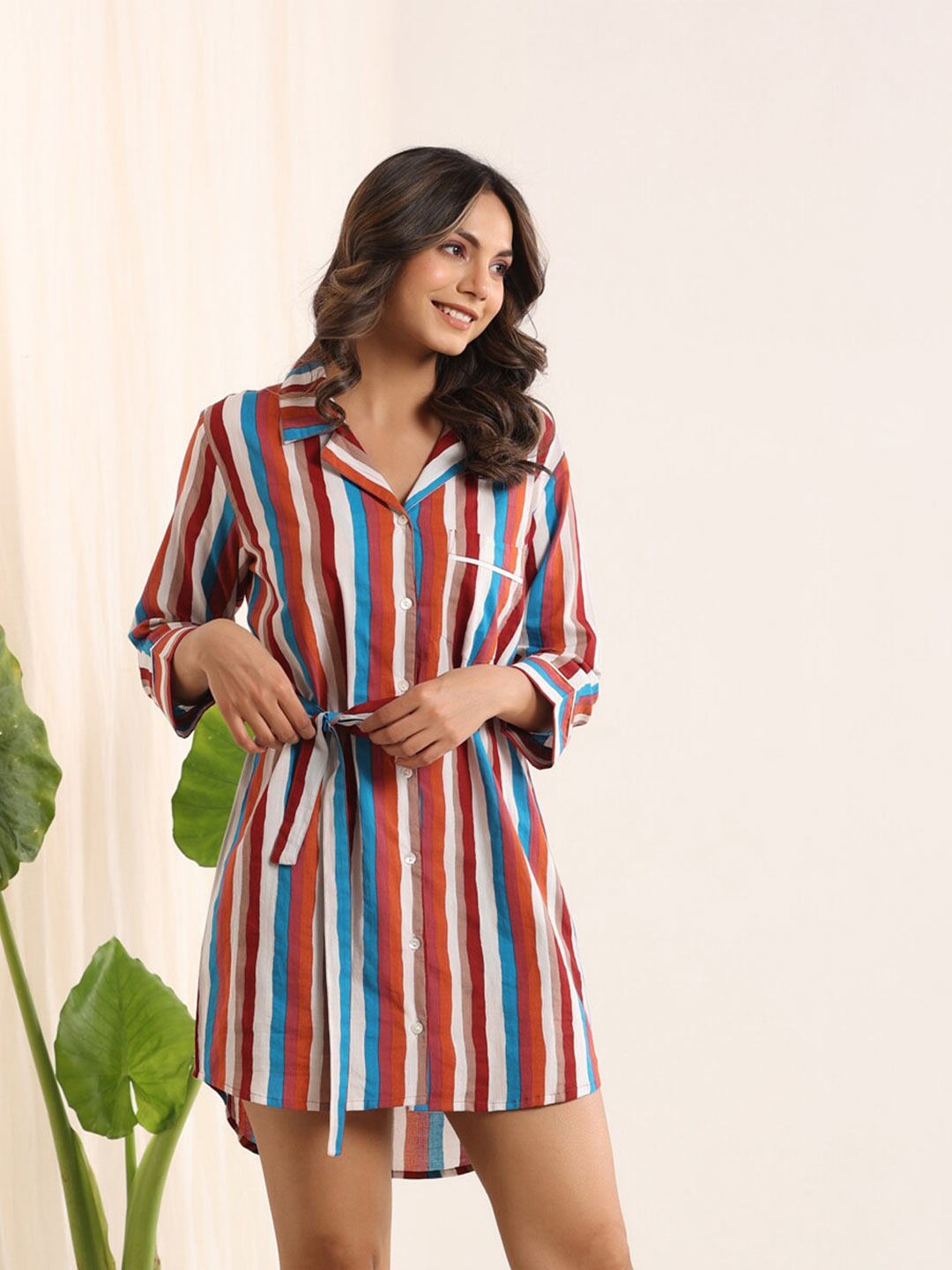 

SANSKRUTIHOMES Striped Pure Cotton Nightdress, Rust