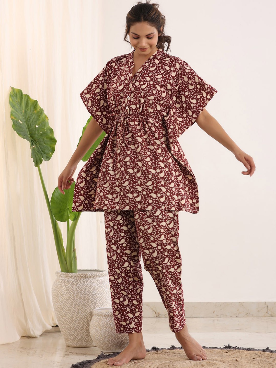 

SANSKRUTIHOMES V-Neck Floral Printed Pure Cotton Night Kaftan Top And Trousers, Maroon