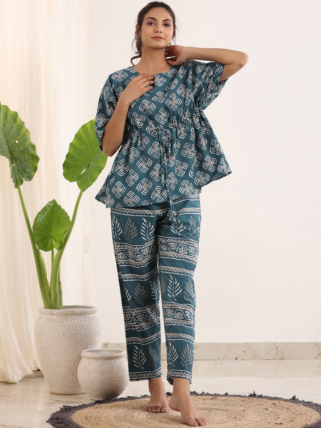 

SANSKRUTIHOMES Notch Neck Ethnic Motifs Printed Pure Cotton Night Kaftan Top And Trousers, Teal