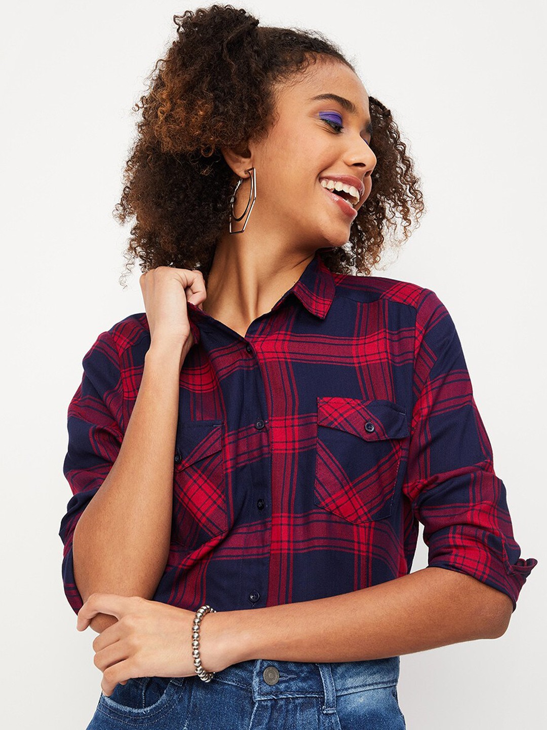 

max Checked Spread Collar Casual Shirt, Blue