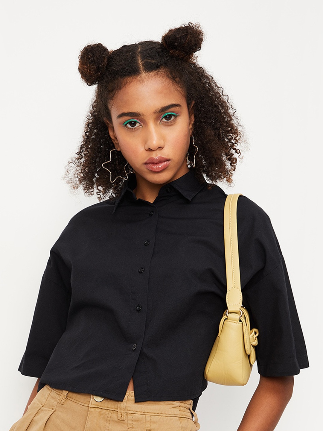 

max Spread Collar Drop Shoulder Sleeves Cotton Crop Casual Shirt, Black