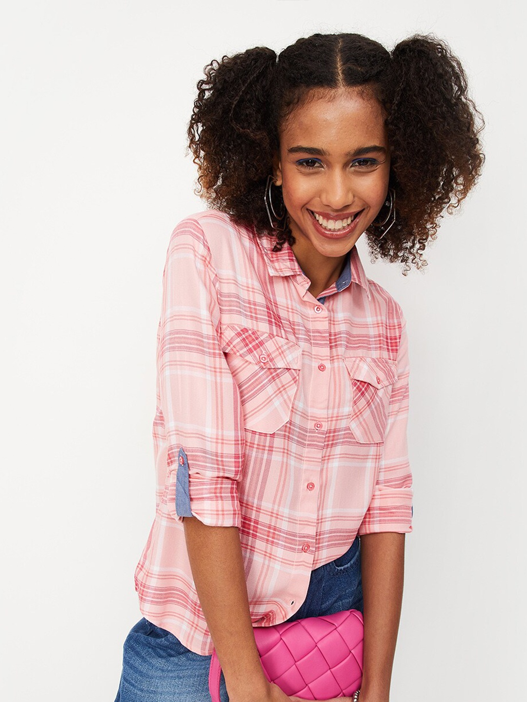 

max Checked Roll Up Sleeves Casual Shirt, Peach