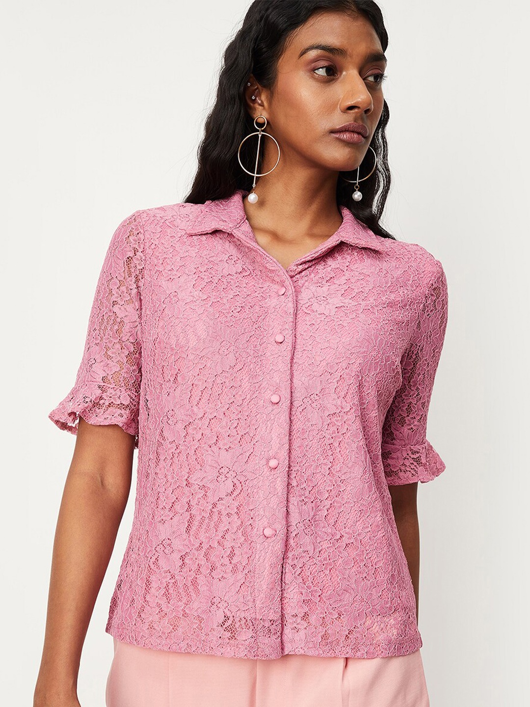 

max Self Design Spread Collar Casual Shirt, Pink