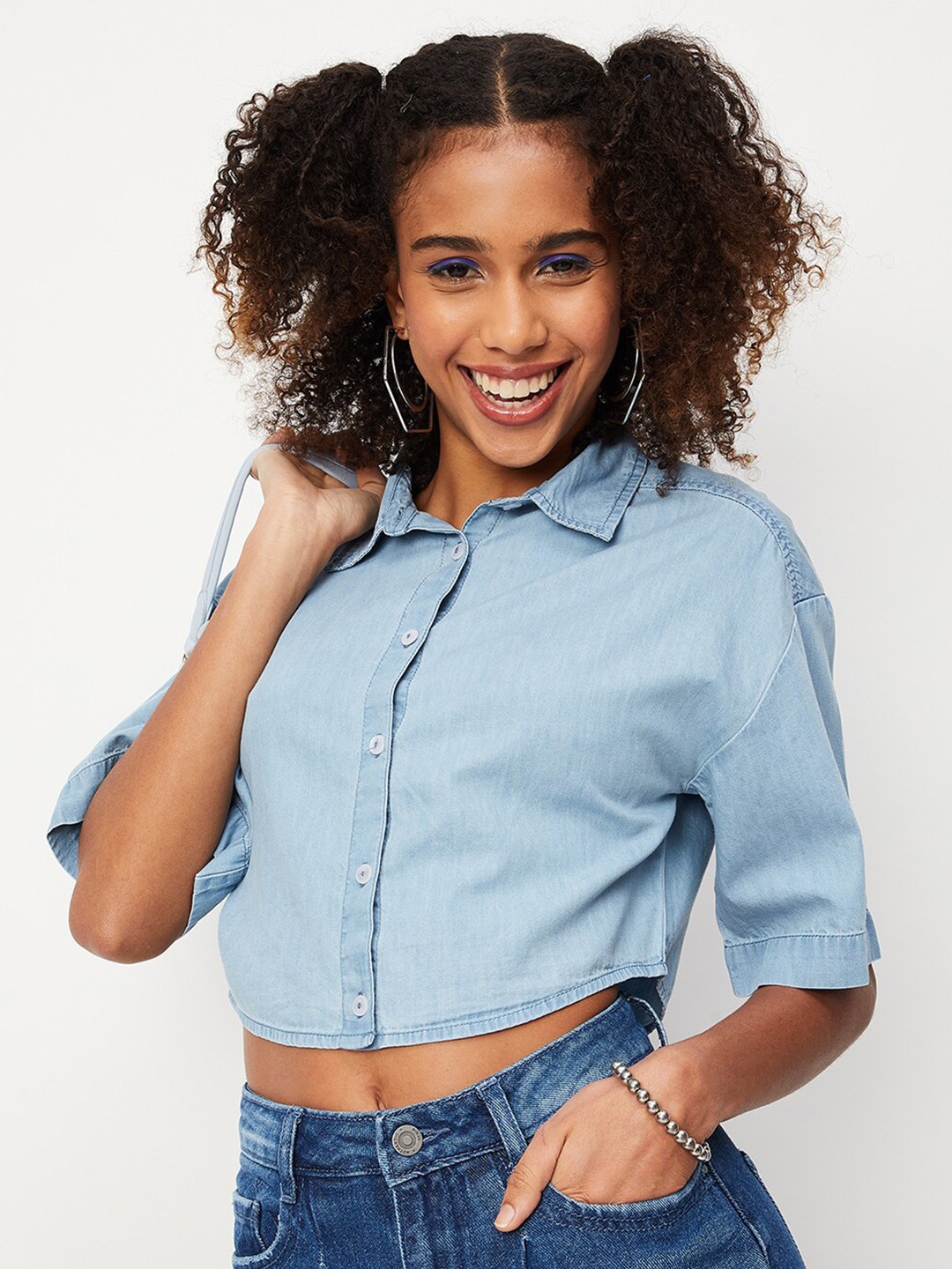 

max Shirt Collar Casual Crop Shirt, Blue