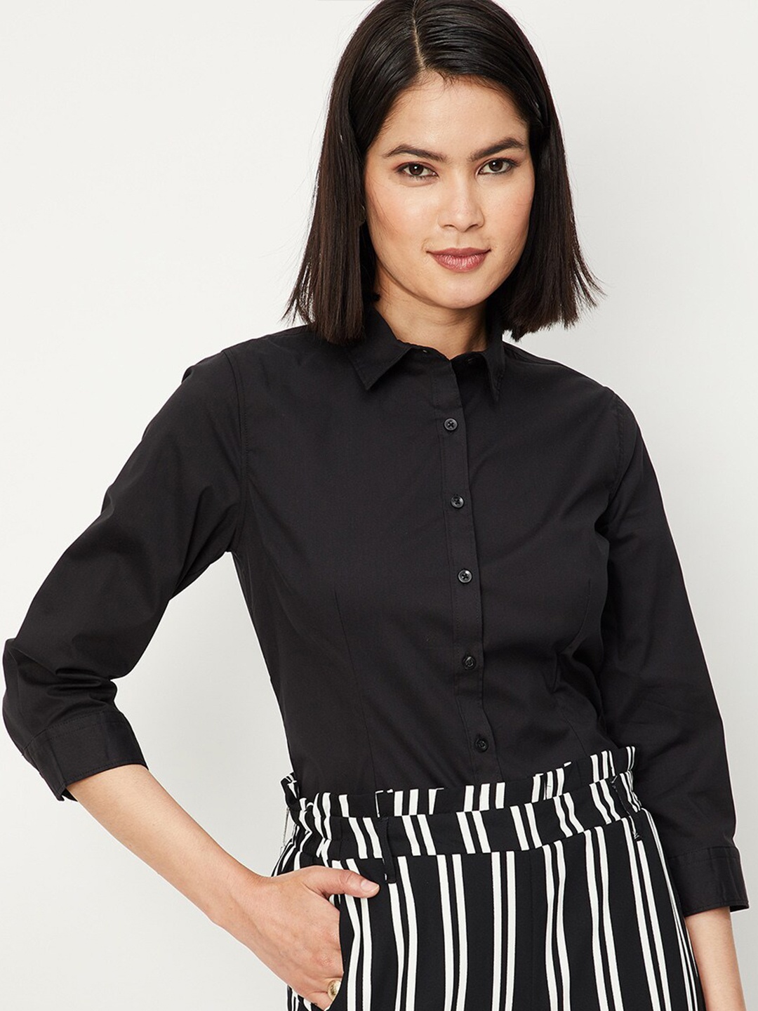 

max Striped Spread Collar Casual Shirt, Black