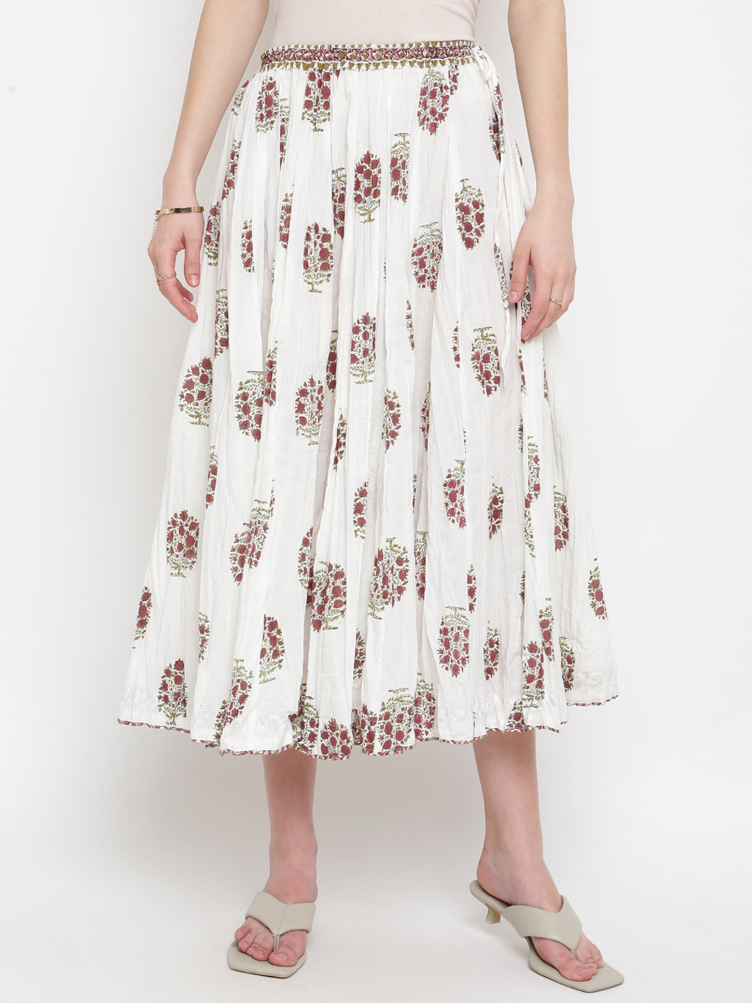 

Fabindia Printed Flared Cotton Midi Skirt, White