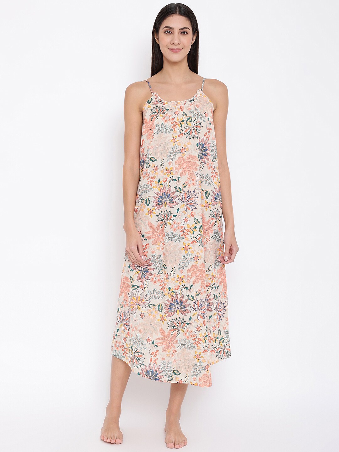 

Fabindia Shoulder Straps Floral A-Line Midi Dress, Beige
