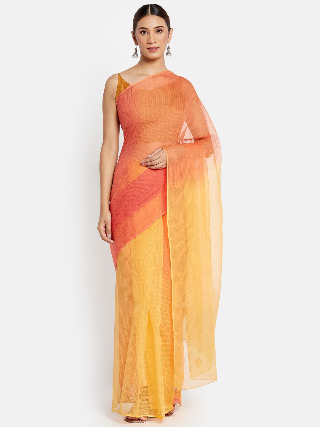 

Fabindia Tie And Dye Colourblocked Silk Cotton Kota Saree, Yellow