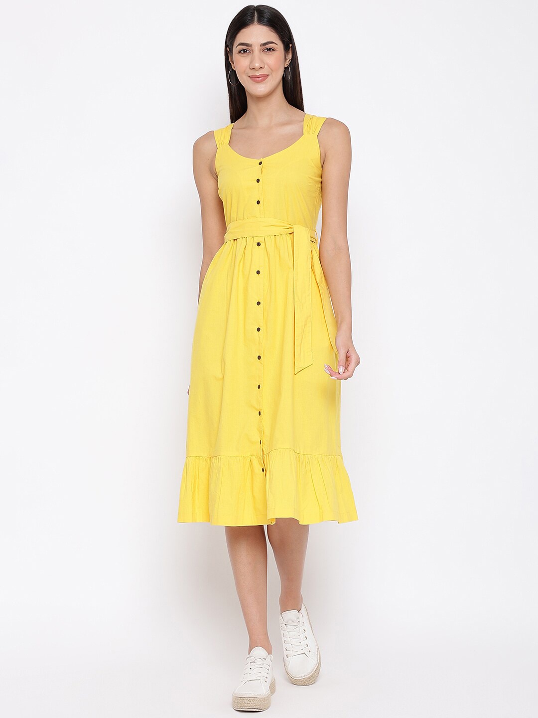 

Fabindia Shoulder Straps Cotton A-Line Midi Dress, Yellow