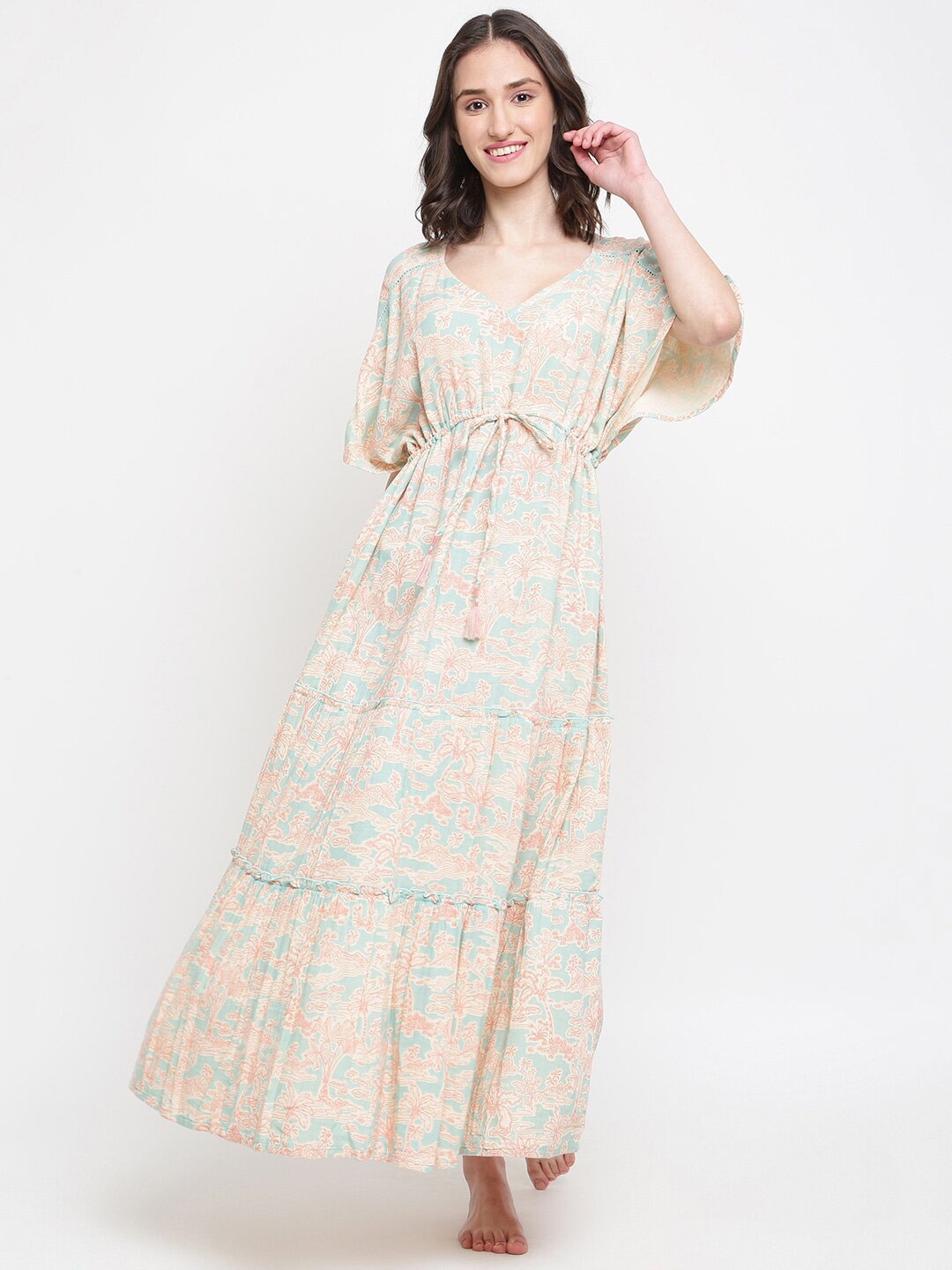 

Fabindia V-Neck Floral Printed Maxi Dress, Green