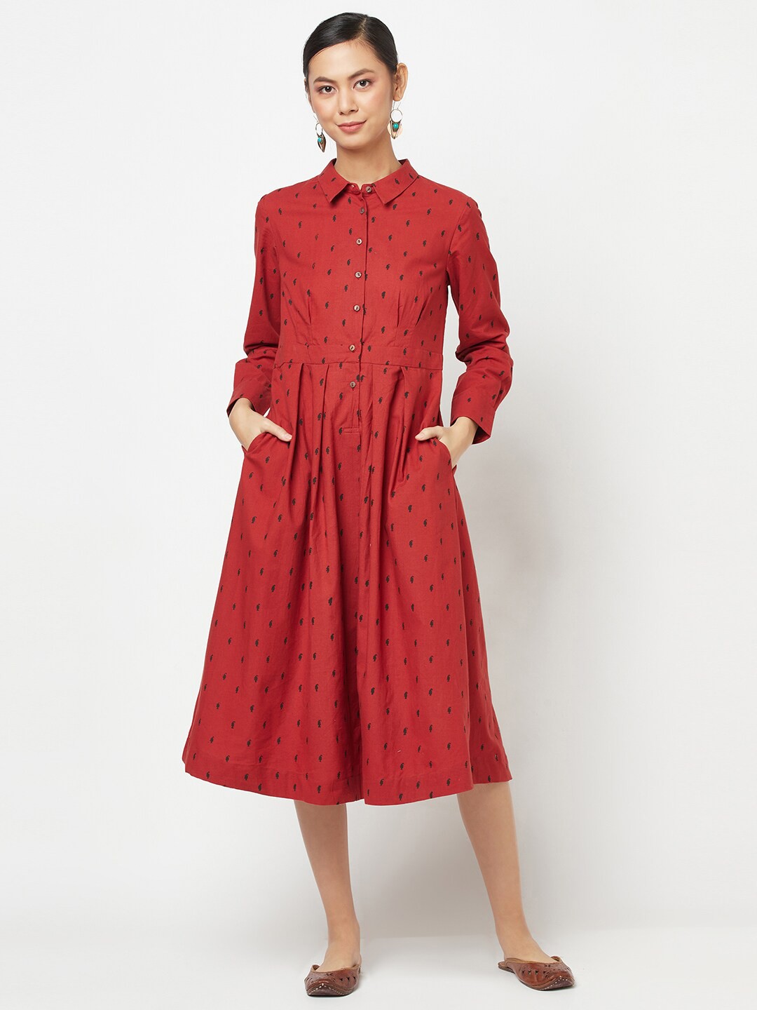 

Fabindia Ethnic Motifs Printed Cotton Midi Shirt Dress, Red