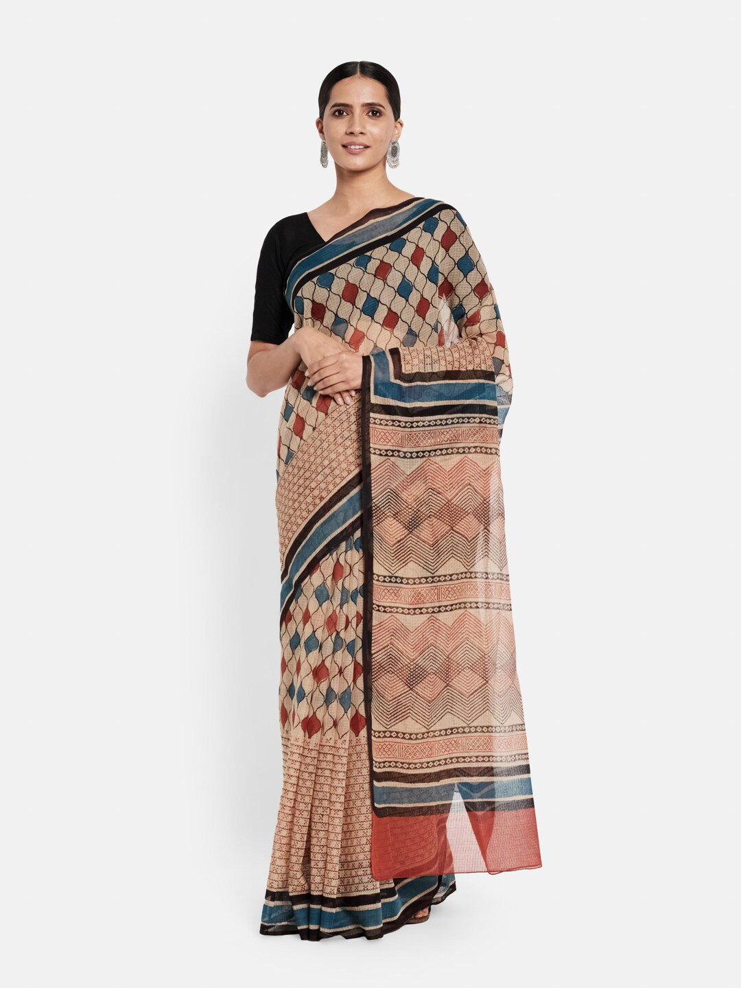

Fabindia Ethnic Motifs Silk Cotton Block Print Saree, Beige