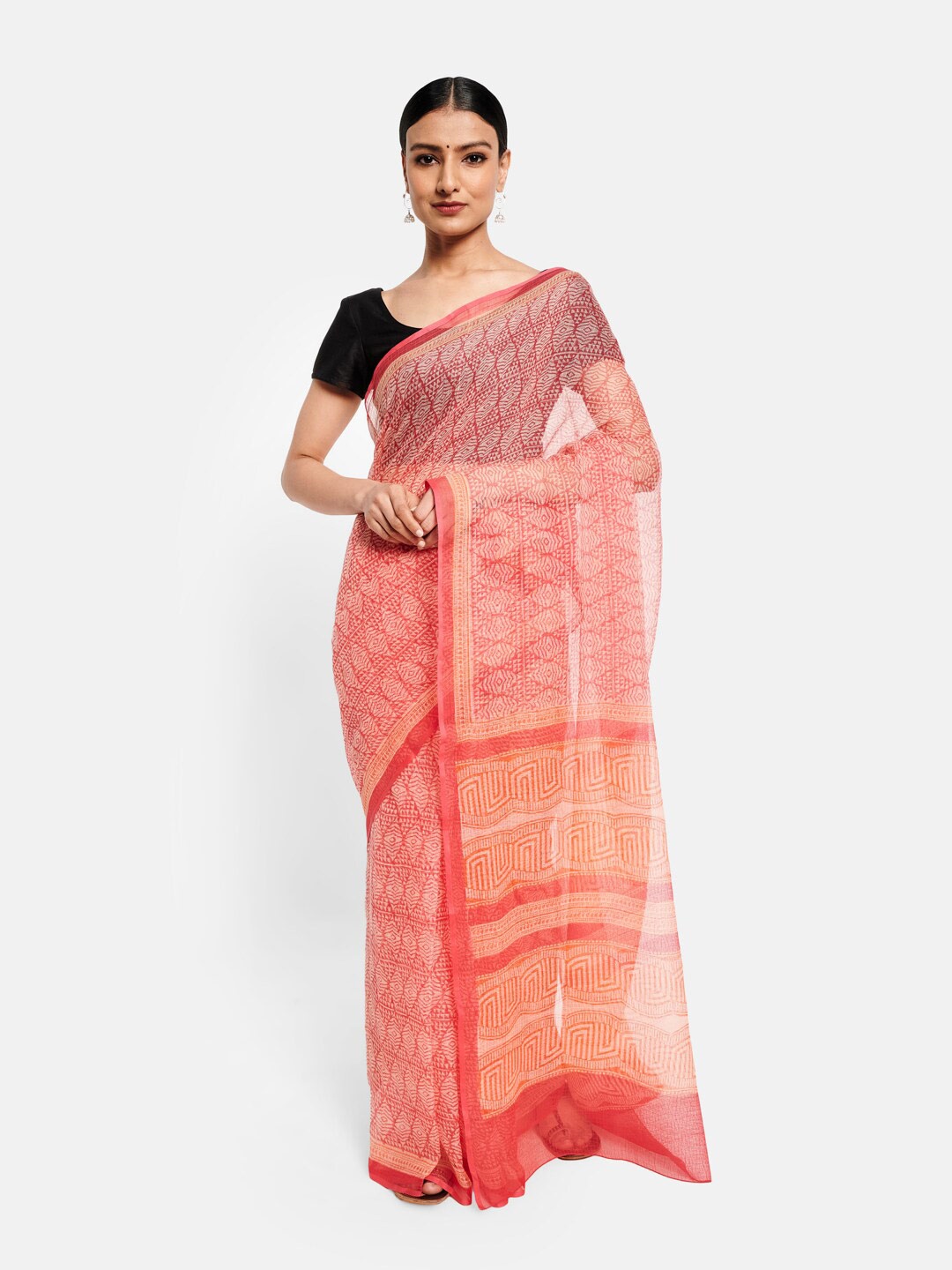 

Fabindia Geometric Printed Silk Cotton Kota Saree, Coral