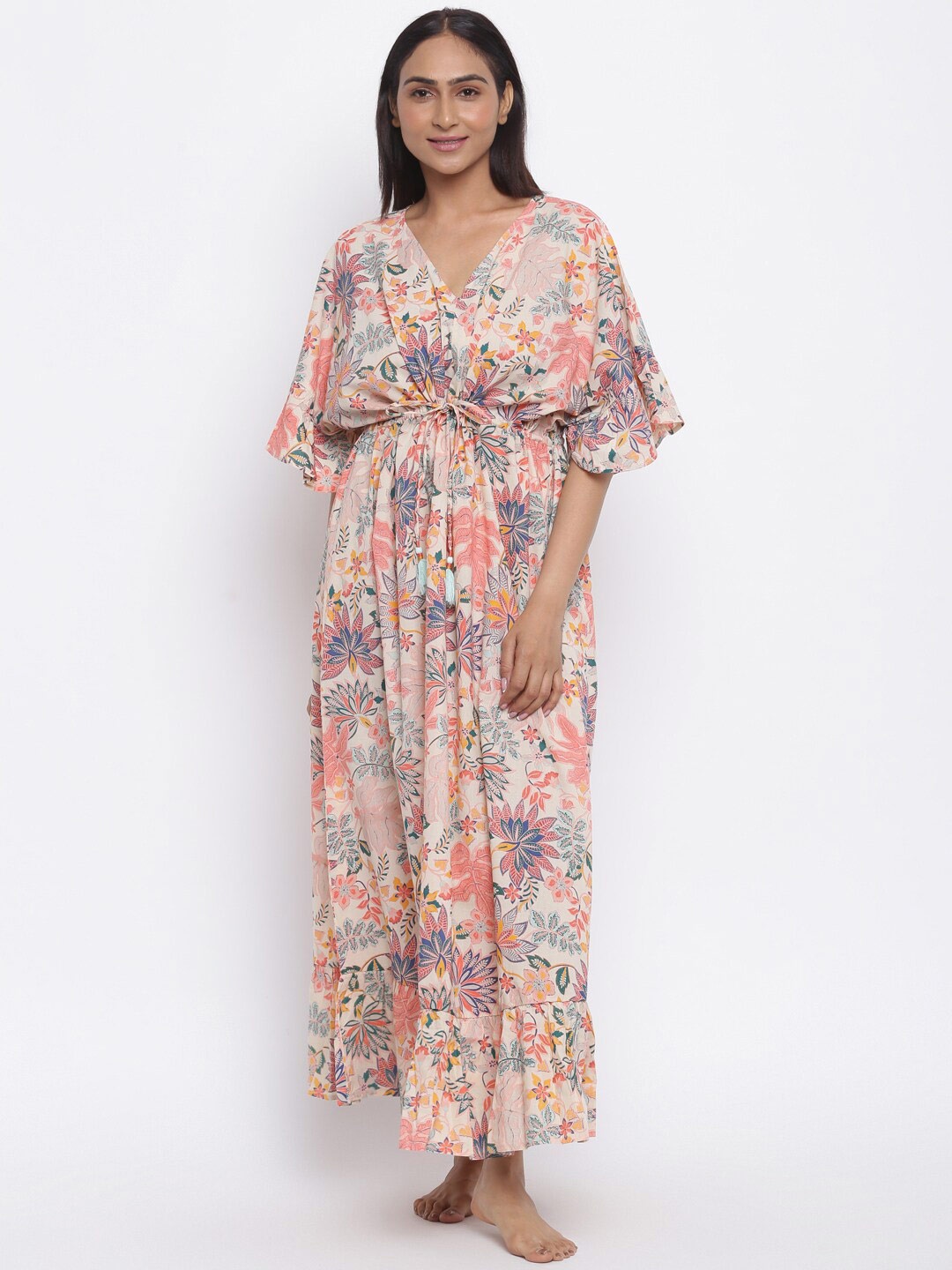 

Fabindia V-Neck Floral Maxi Dress, Beige