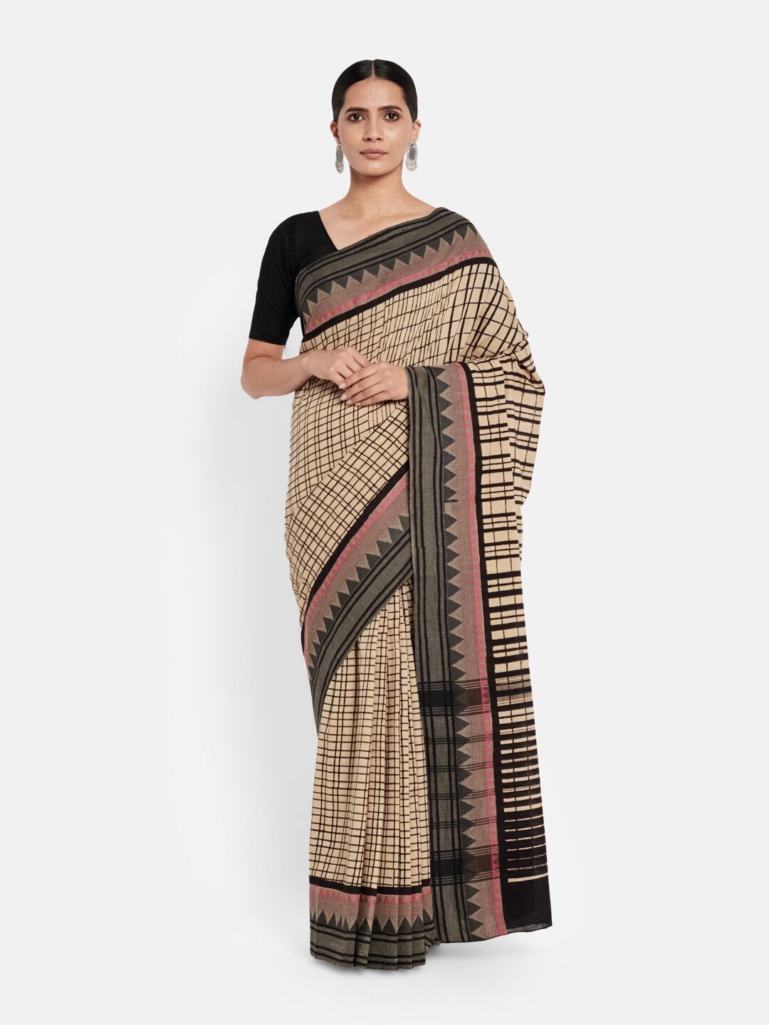 

Fabindia Checked Pure Cotton Block Print Saree, Black