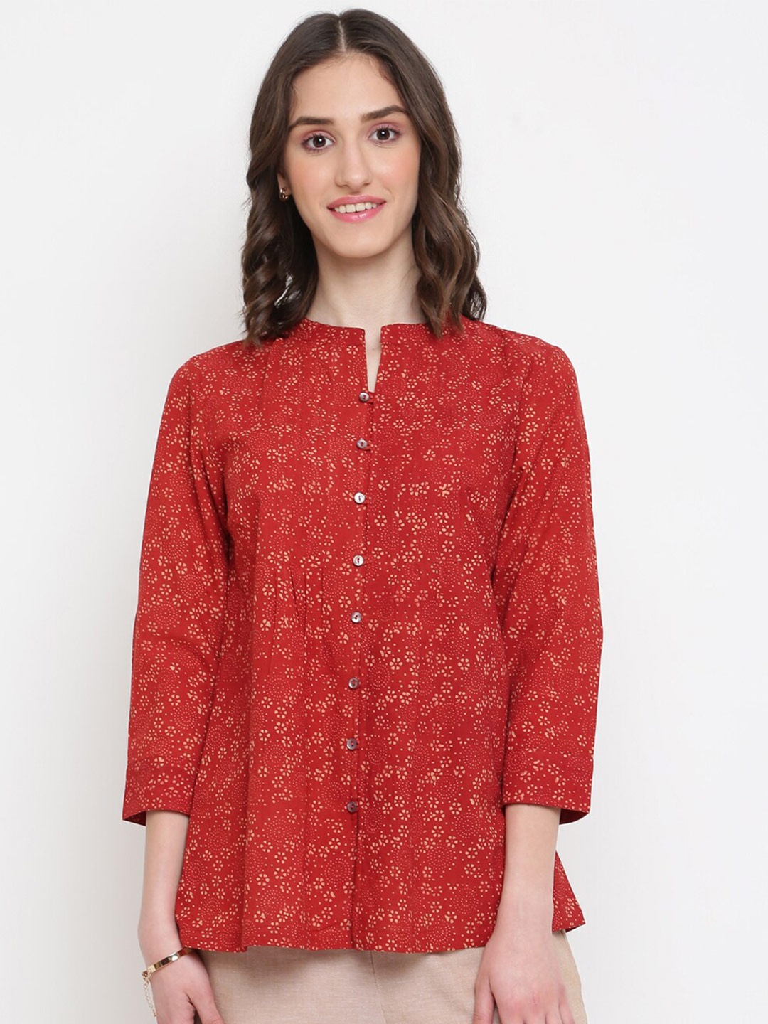 

Fabindia Mandarin Collar Printed Top, Red