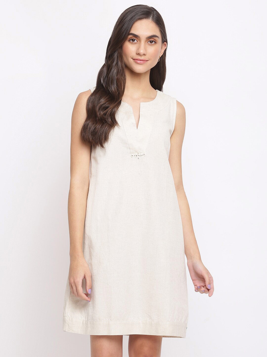 

Fabindia Notched Neck Cotton Linen A-Line Dress, Off white