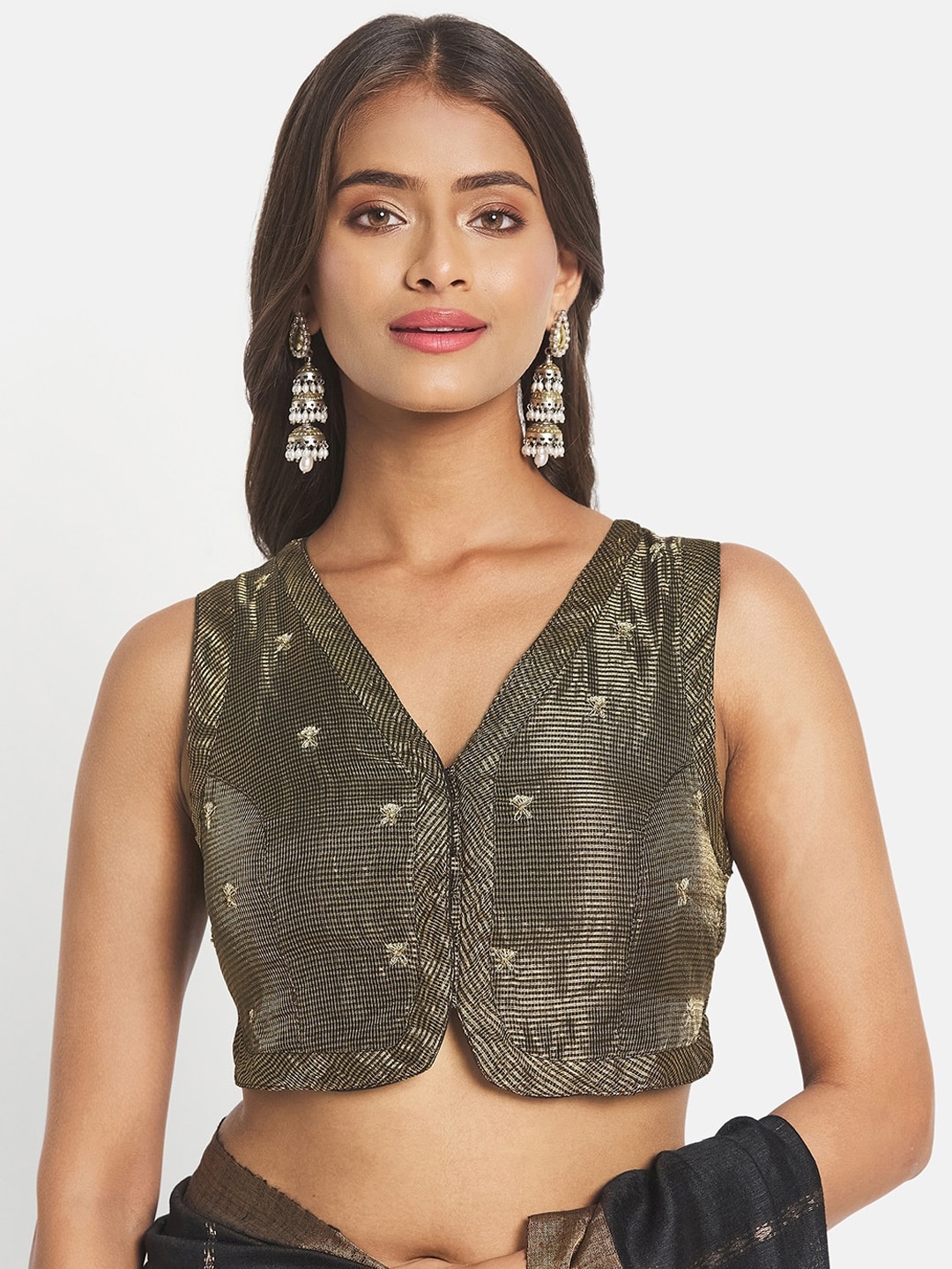 

Fabindia Woven Design Sequinned Tissue Saree Blouse, Black