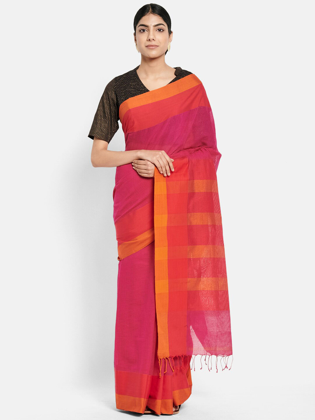 

Fabindia Striped Pure Cotton Saree, Pink