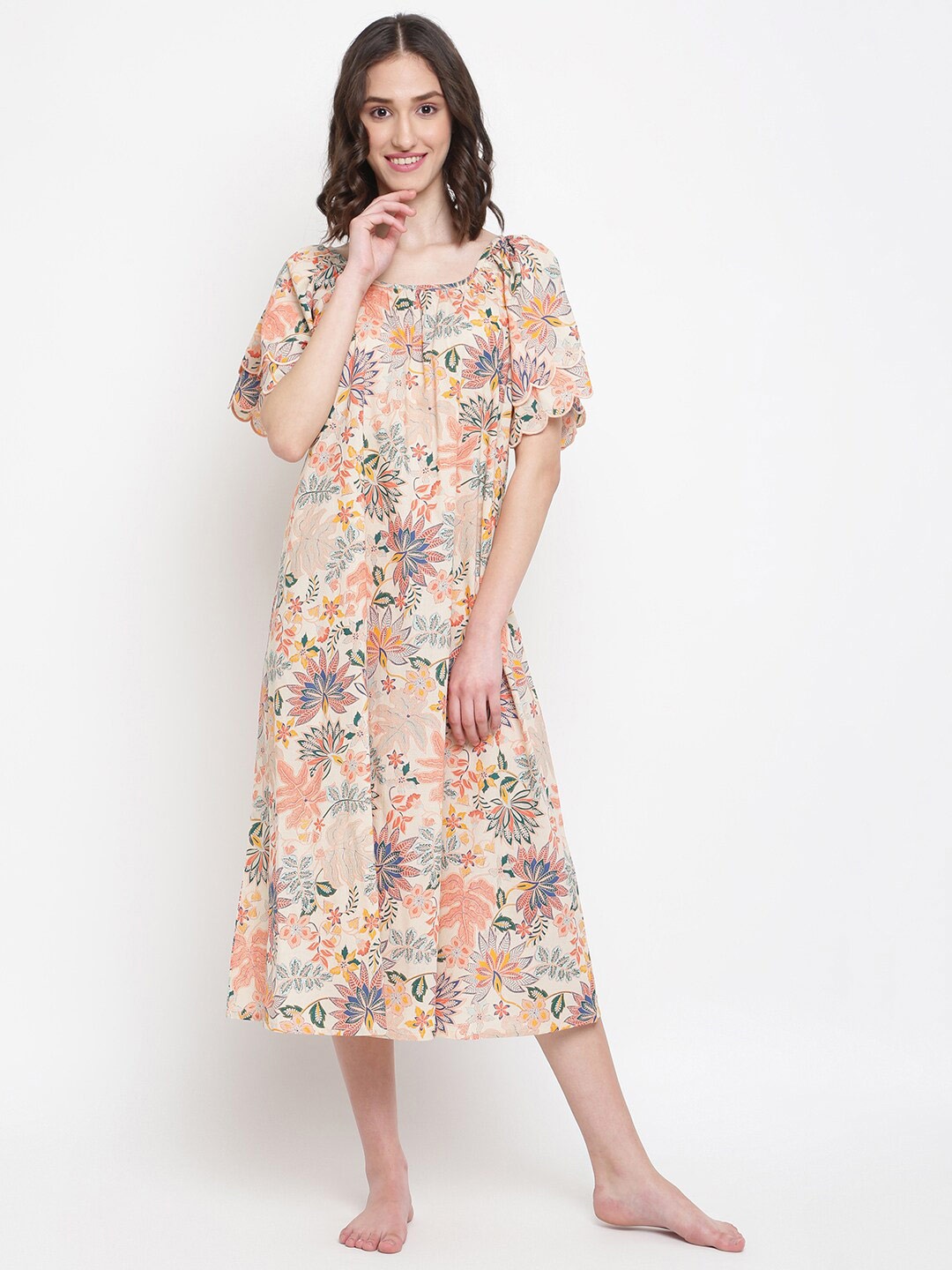 

Fabindia Flared Sleeves Floral Printed Night Dress, Multi