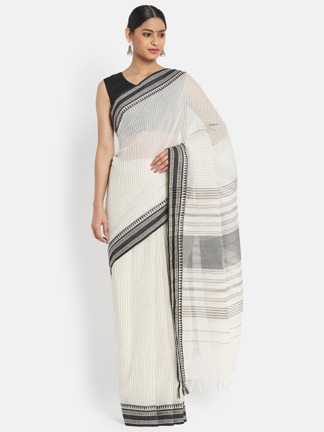 

Fabindia Striped Pure Cotton Saree, Off white