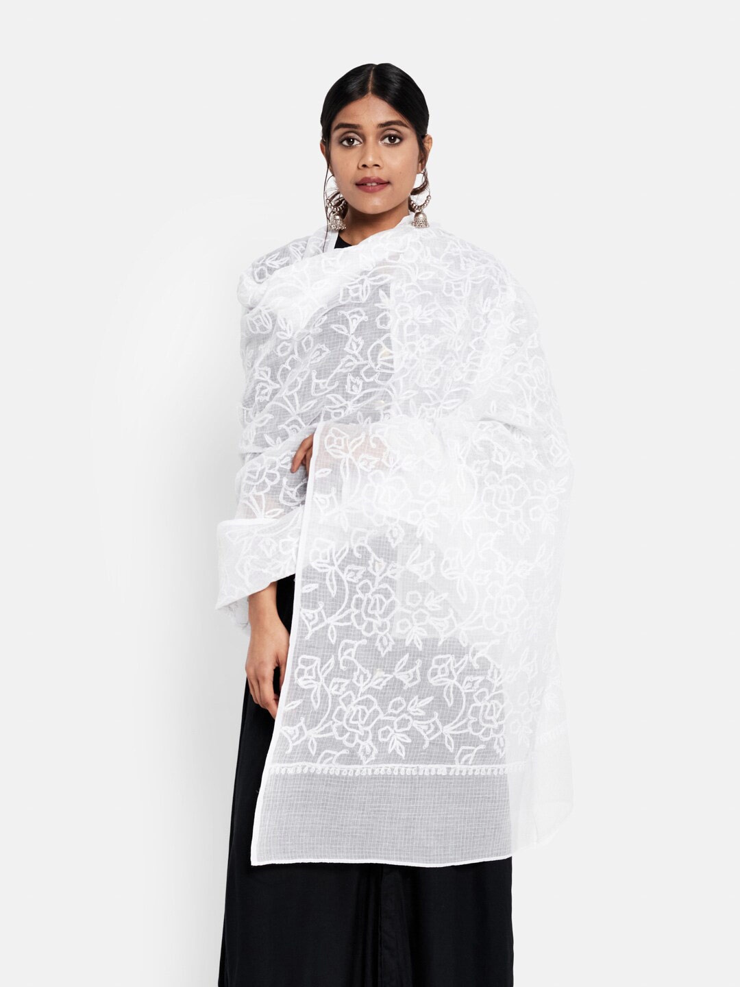 

Fabindia Chikankari Embroidered Cotton Silk Dupatta, White