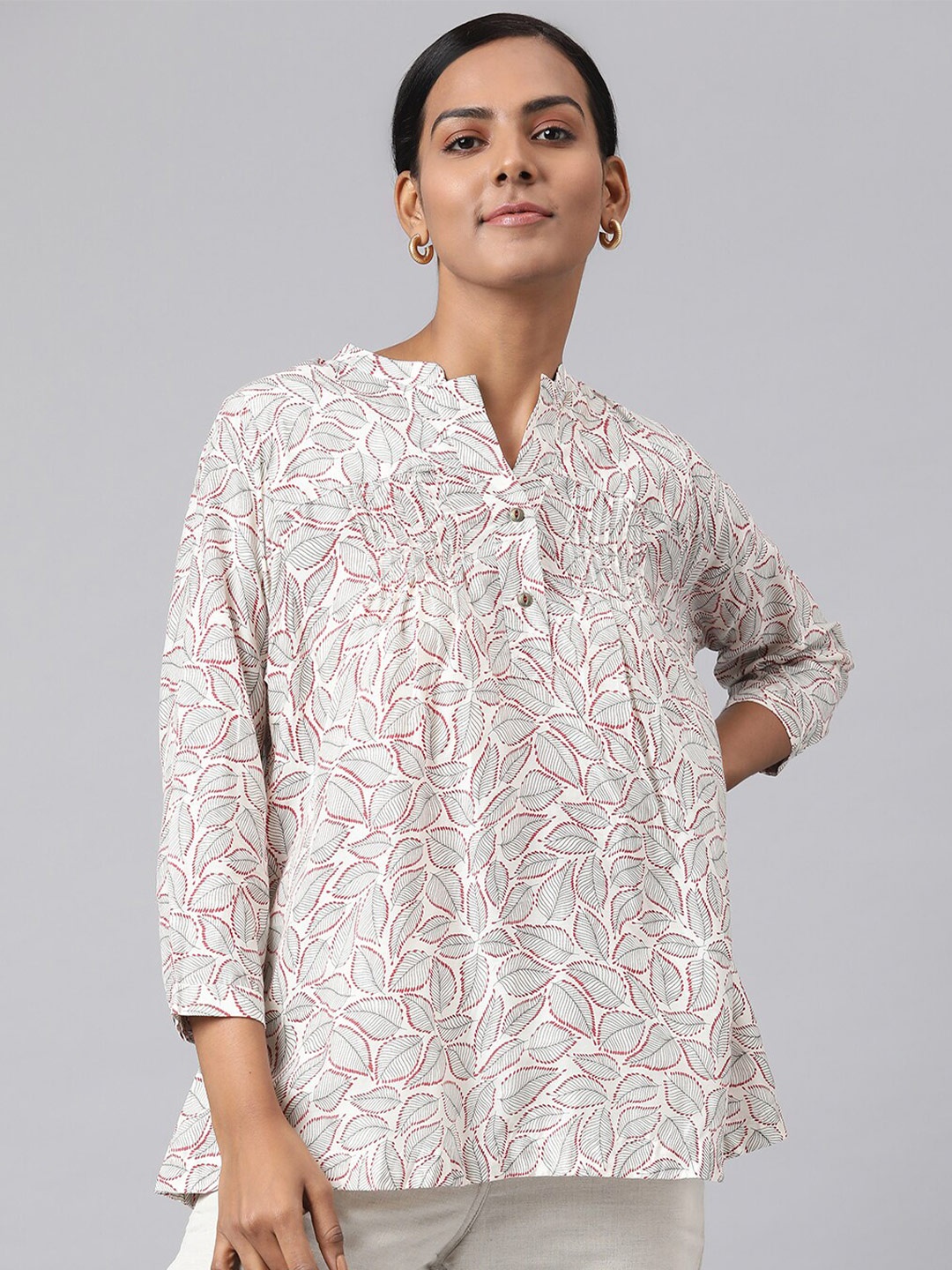 

Fabindia Mandarin Collar Print Top, Off white