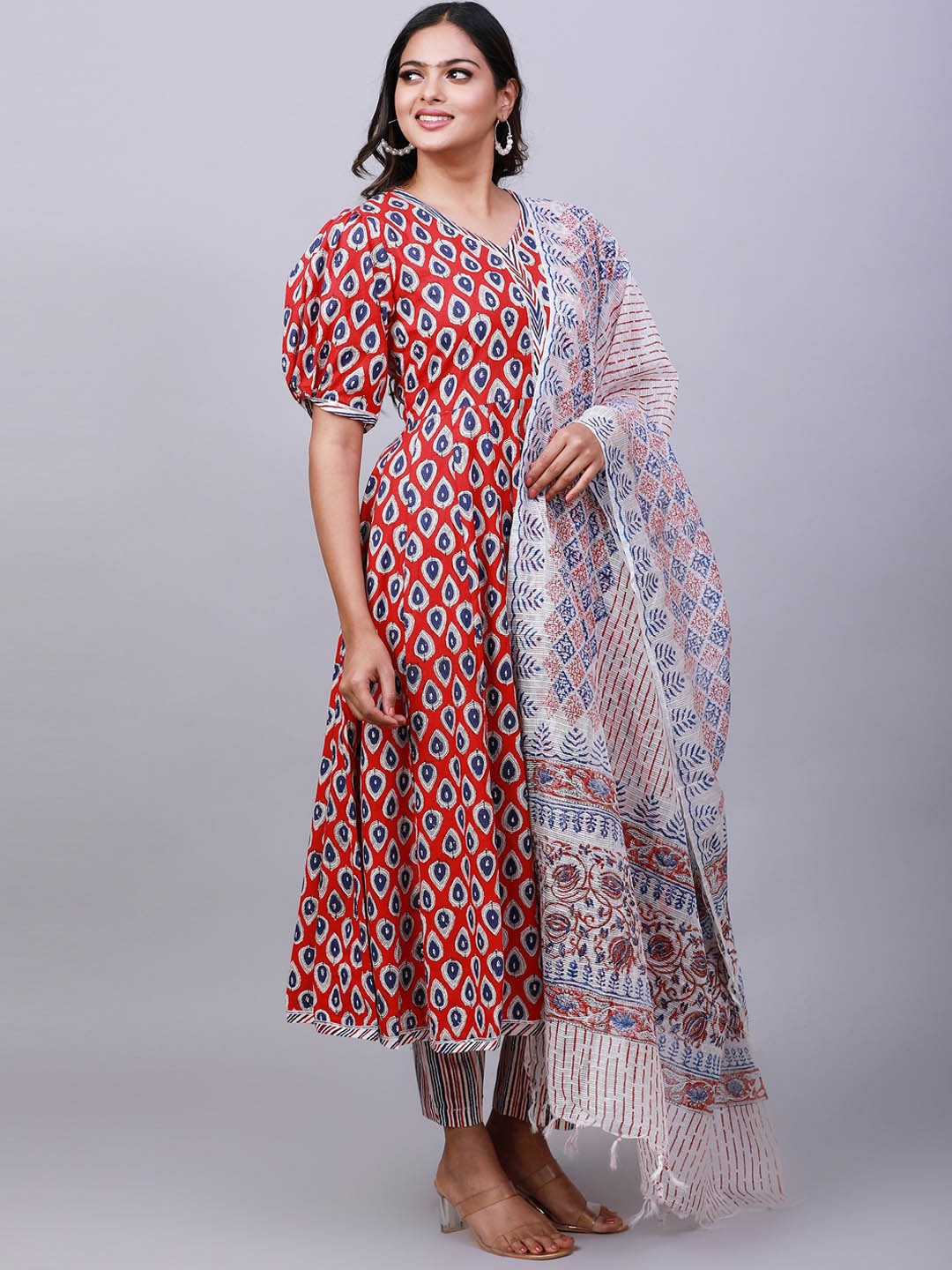 

NAYRA Paneled Ethnic Motifs Printed Pure Cotton A-Line Kurta with Trousers & Dupatta, Red