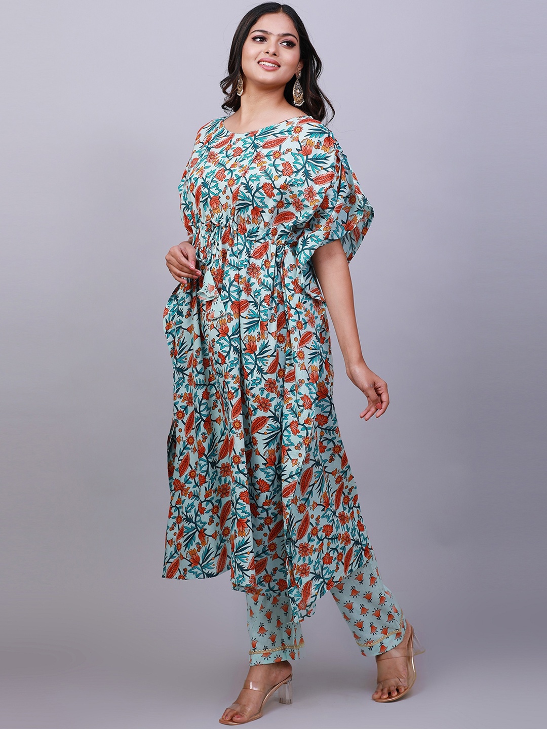 

NAYRA Floral Printed Pure Cotton Kaftan Kurta With Trousers, Blue
