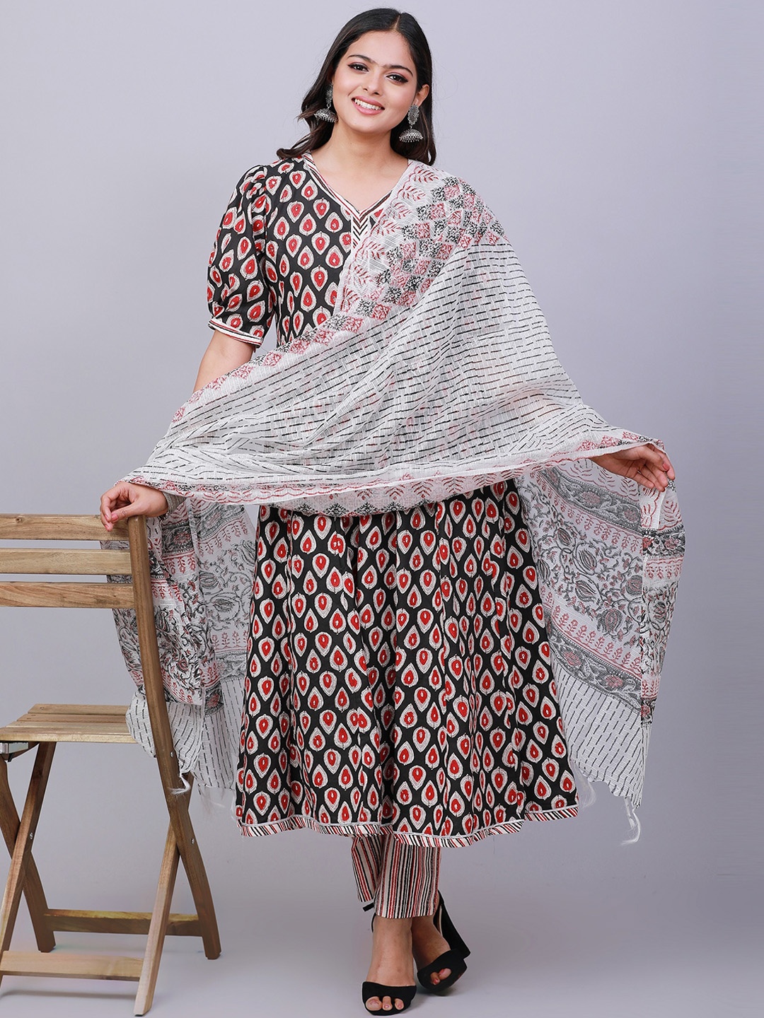 

NAYRA Paneled Ethnic Motifs Printed Pure Cotton A-Line Kurta with Trousers & Dupatta, Black