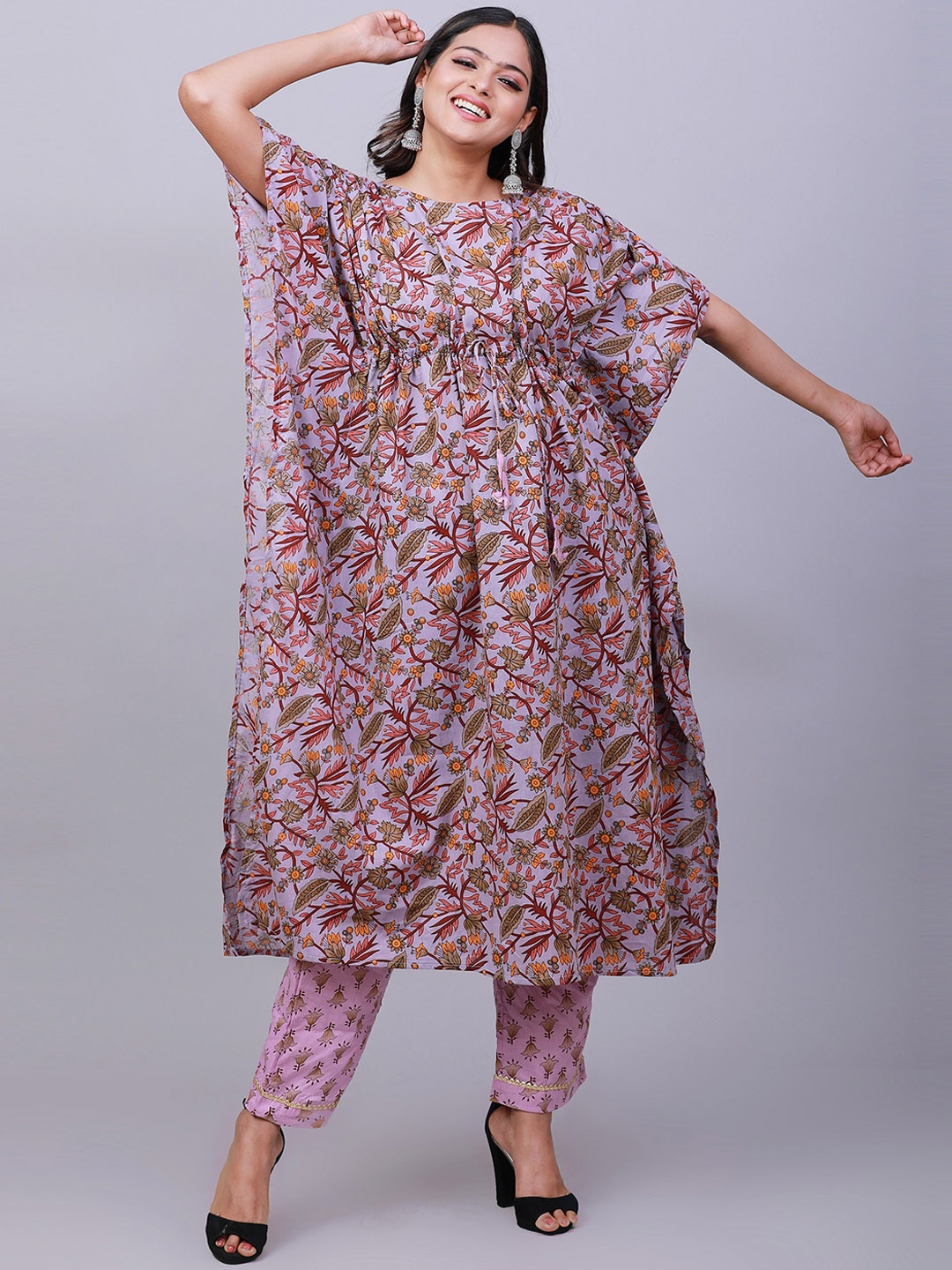 

NAYRA Floral Printed Pure Cotton Kaftan Kurta with Trousers, Lavender