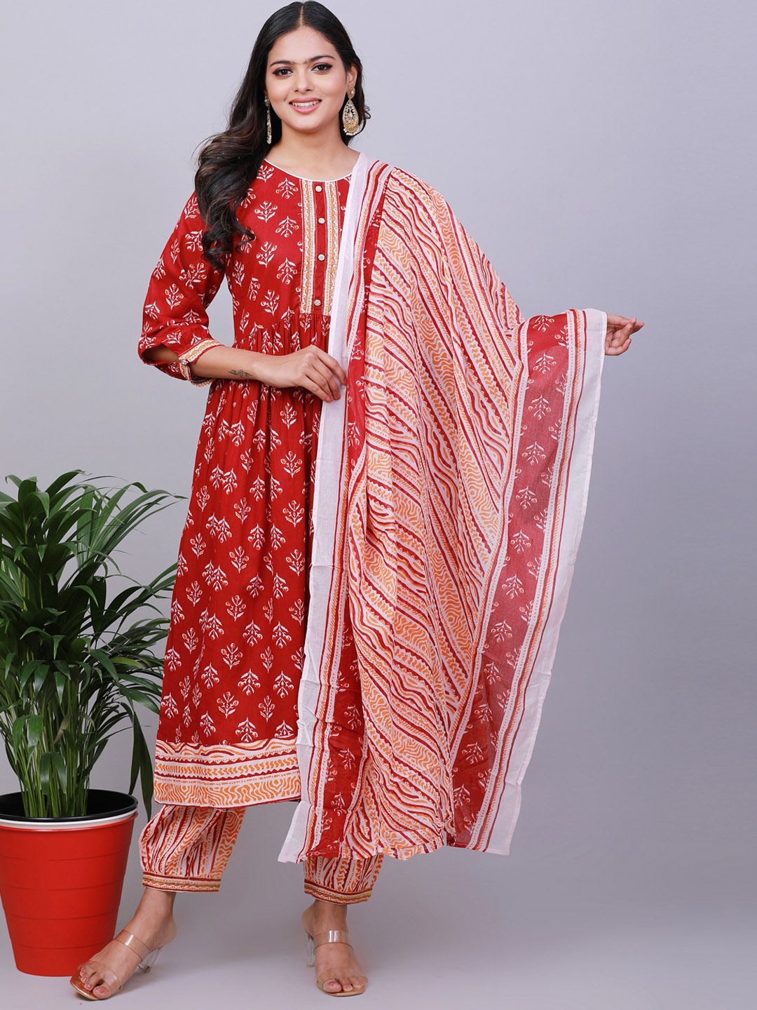 

NAYRA Ethnic Motif Printed Pure Cotton Empire Kurta with Salwar & Dupatta, Red