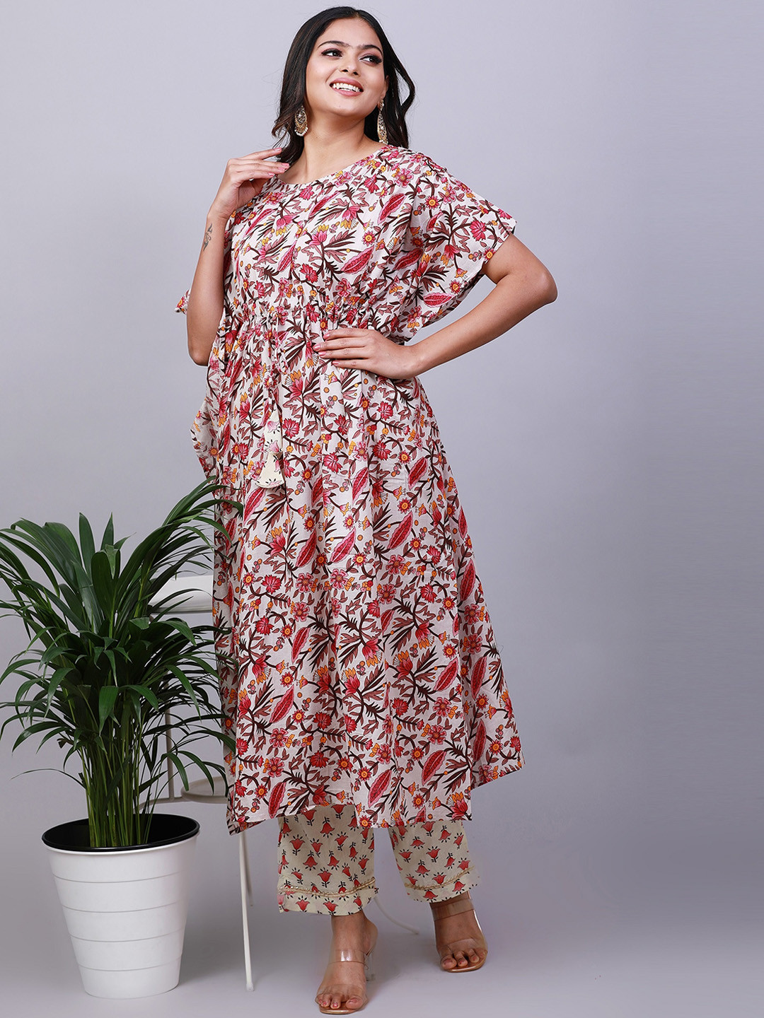 

NAYRA Floral Printed Pure Cotton Kaftan Kurta With Trousers, Beige