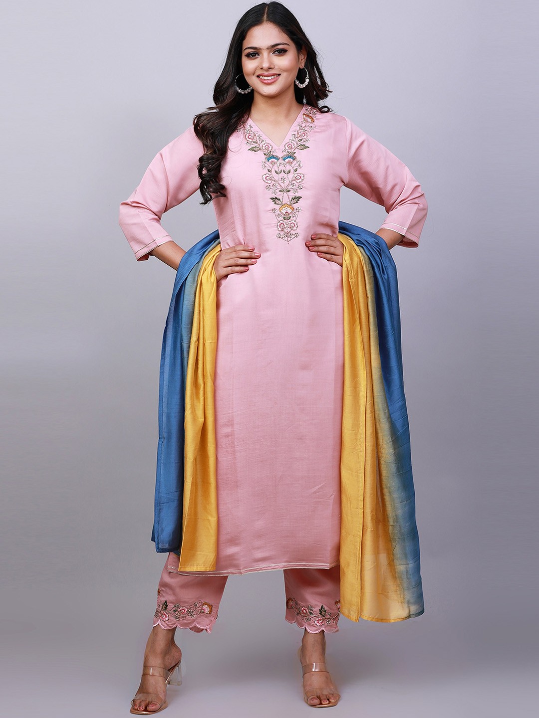 

NAYRA Floral Embroidered Sequined V-Neck Straight Kurta with Trousers & Dupatta, Pink