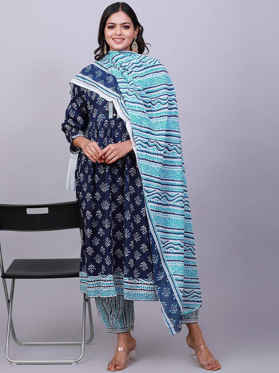 

NAYRA Ethnic Motifs Printed Pure Cotton Kurta With Trousers & Dupatta, Navy blue