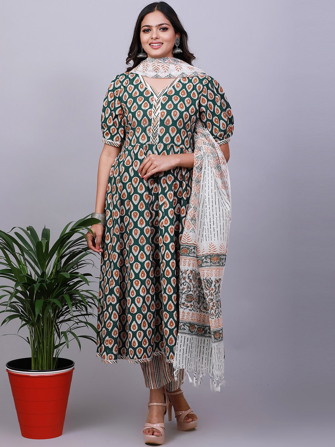 

NAYRA Floral Printed Pure Cotton Kurta With Trousers & Dupatta, Green