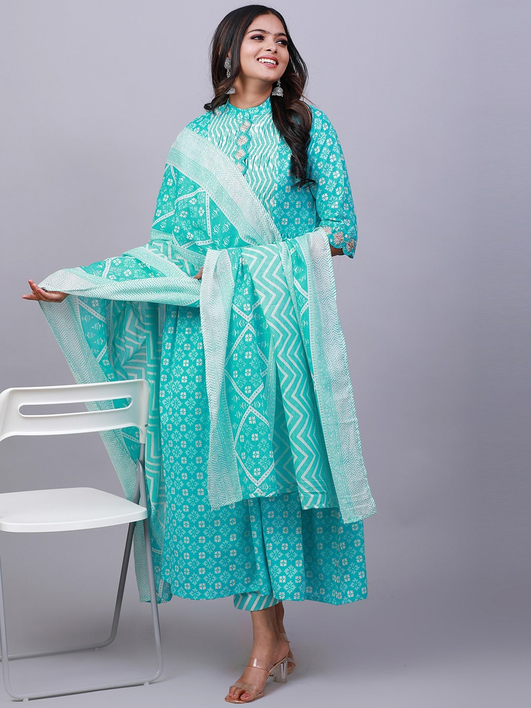 

NAYRA Floral Printed Zari Detail Anarkali Kurta with Trousers & Dupatta, Turquoise blue