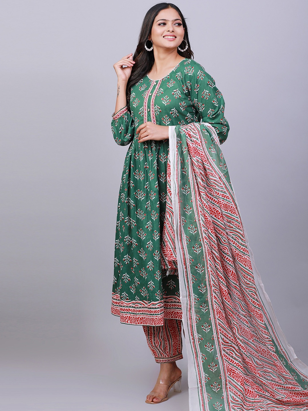 

NAYRA Ethnic Motifs Printed Pure Cotton Empire Kurta with Salwar & Dupatta, Green