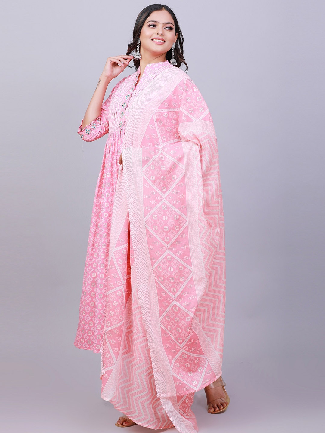 

NAYRA Ethnic Motifs Printed Thread Work Kurta with Trousers & Dupatta, Pink