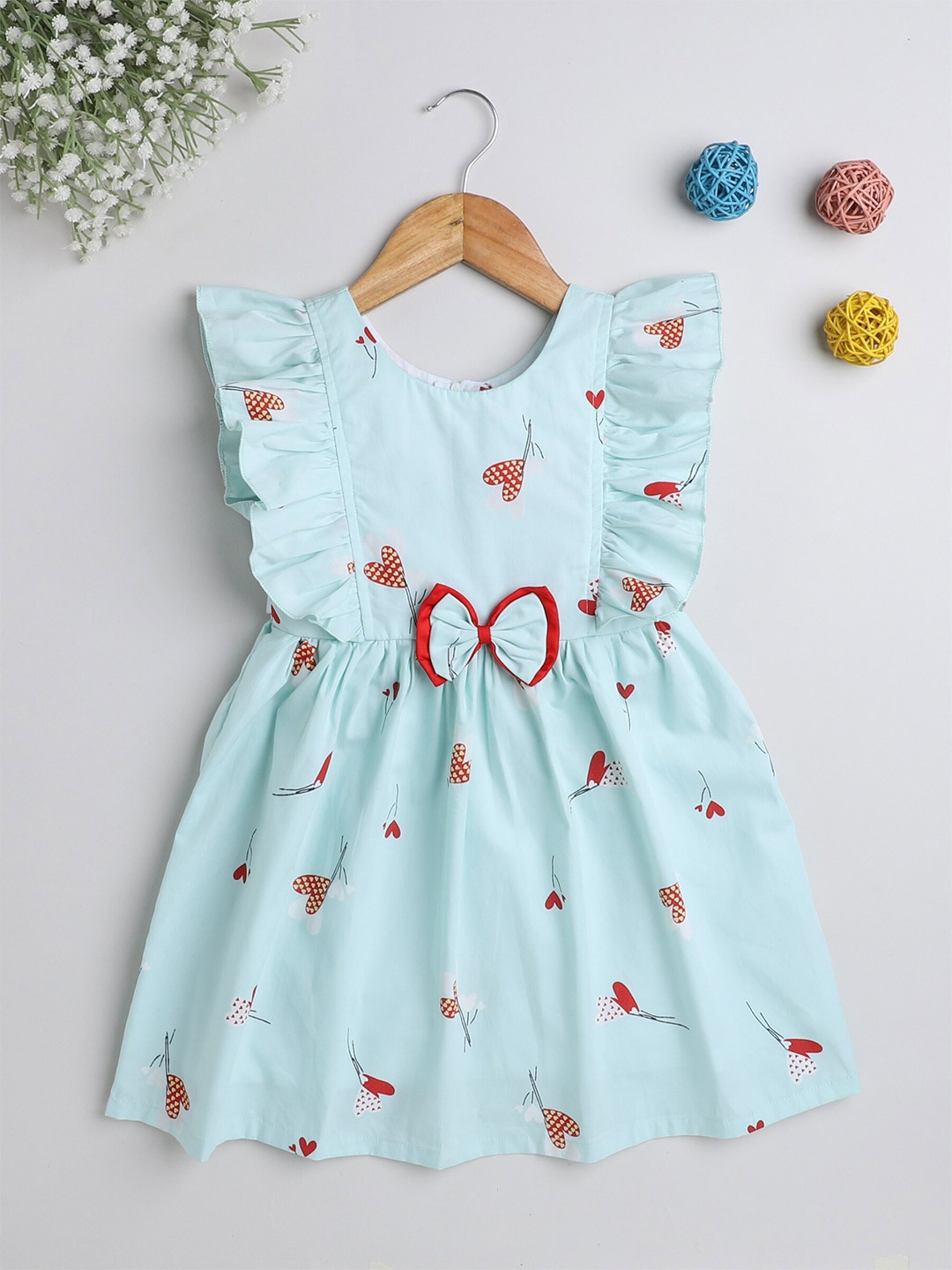 

The Magic Wand Girls Printed Flutter Sleeves Bow Detail Dress, Green