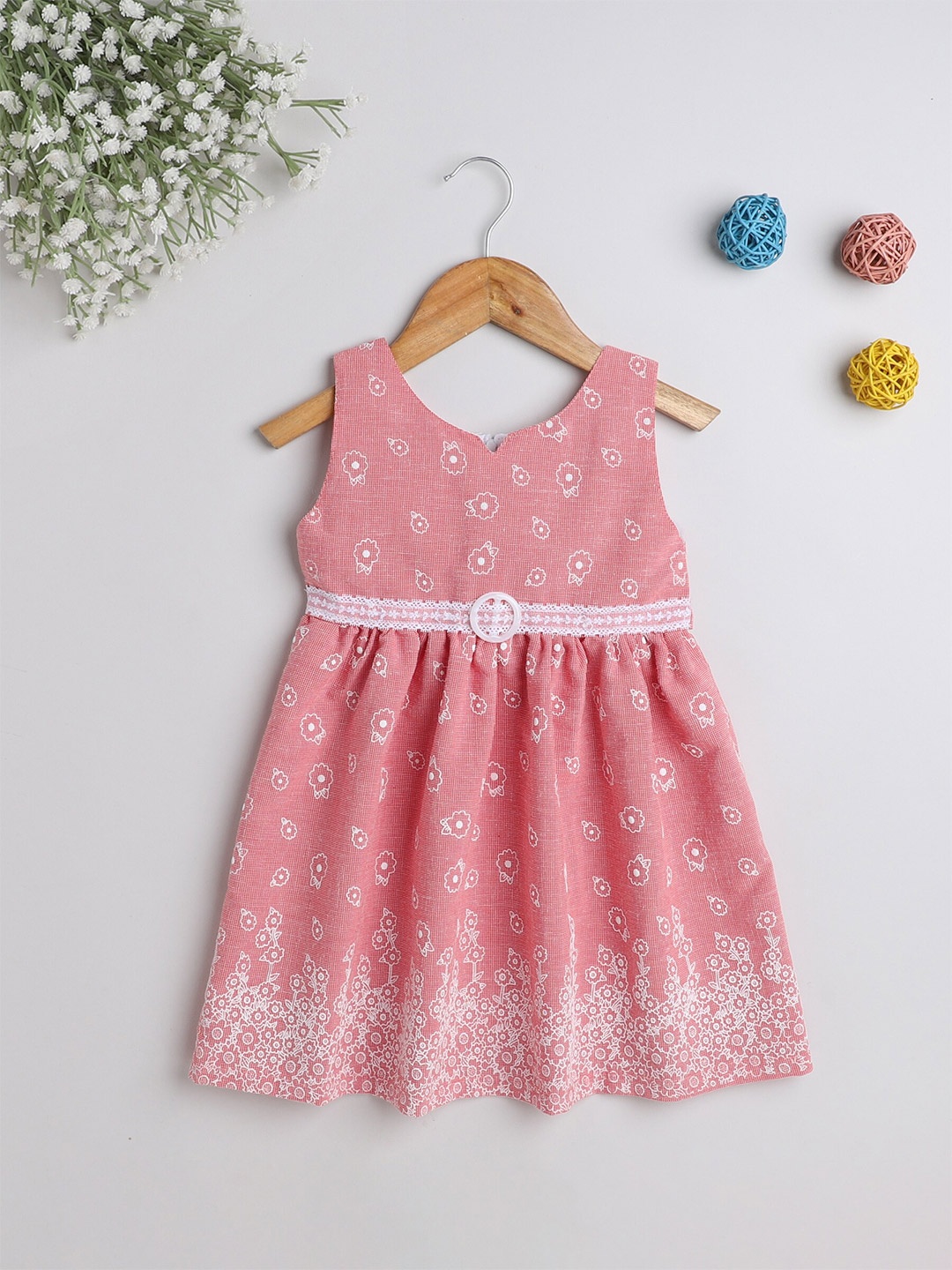 

The Magic Wand Girls Floral Sleeveless Belted Dress, Peach