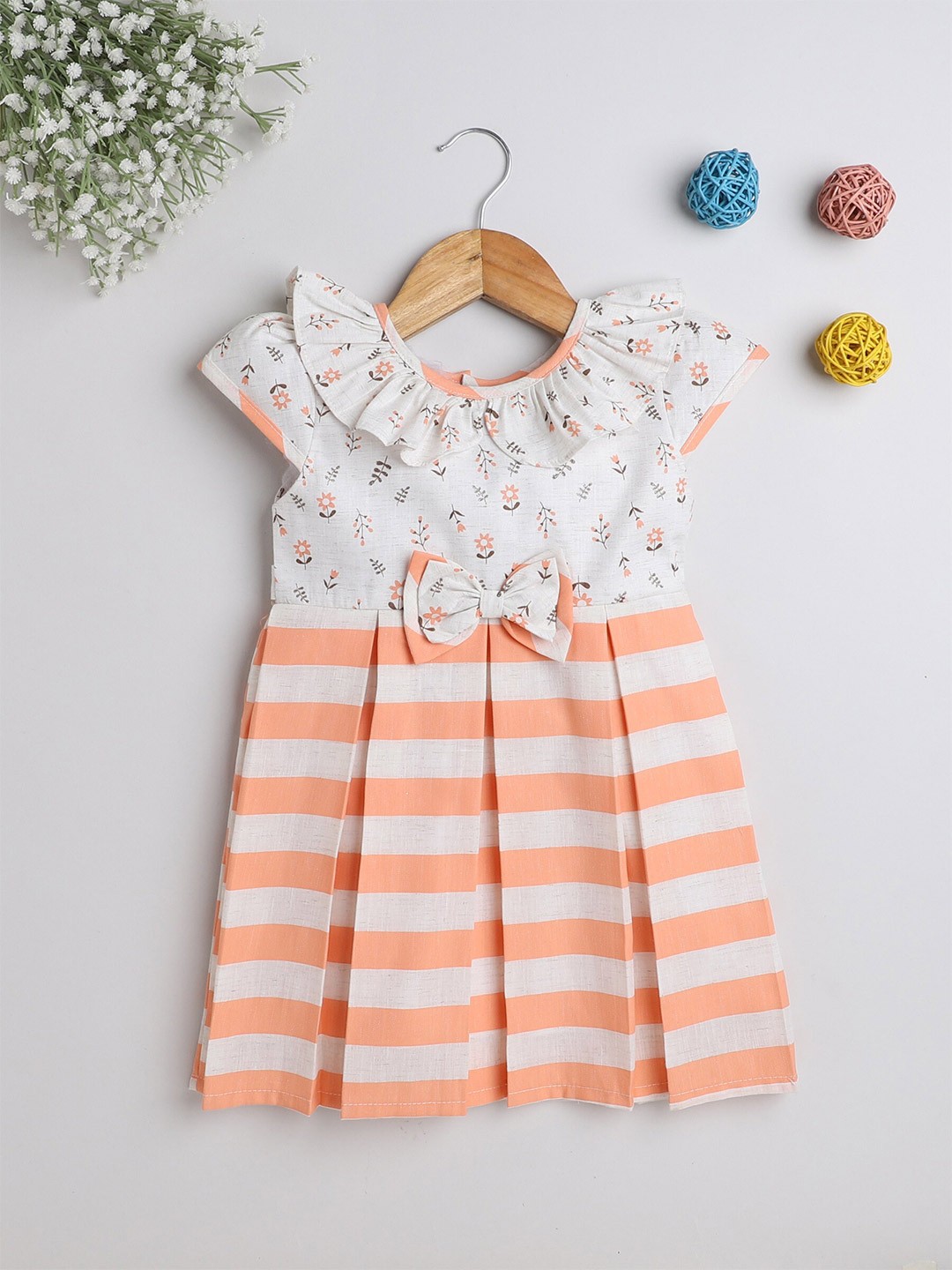 

The Magic Wand Girls Striped Cap Sleeve Bow Detail Dress, Peach