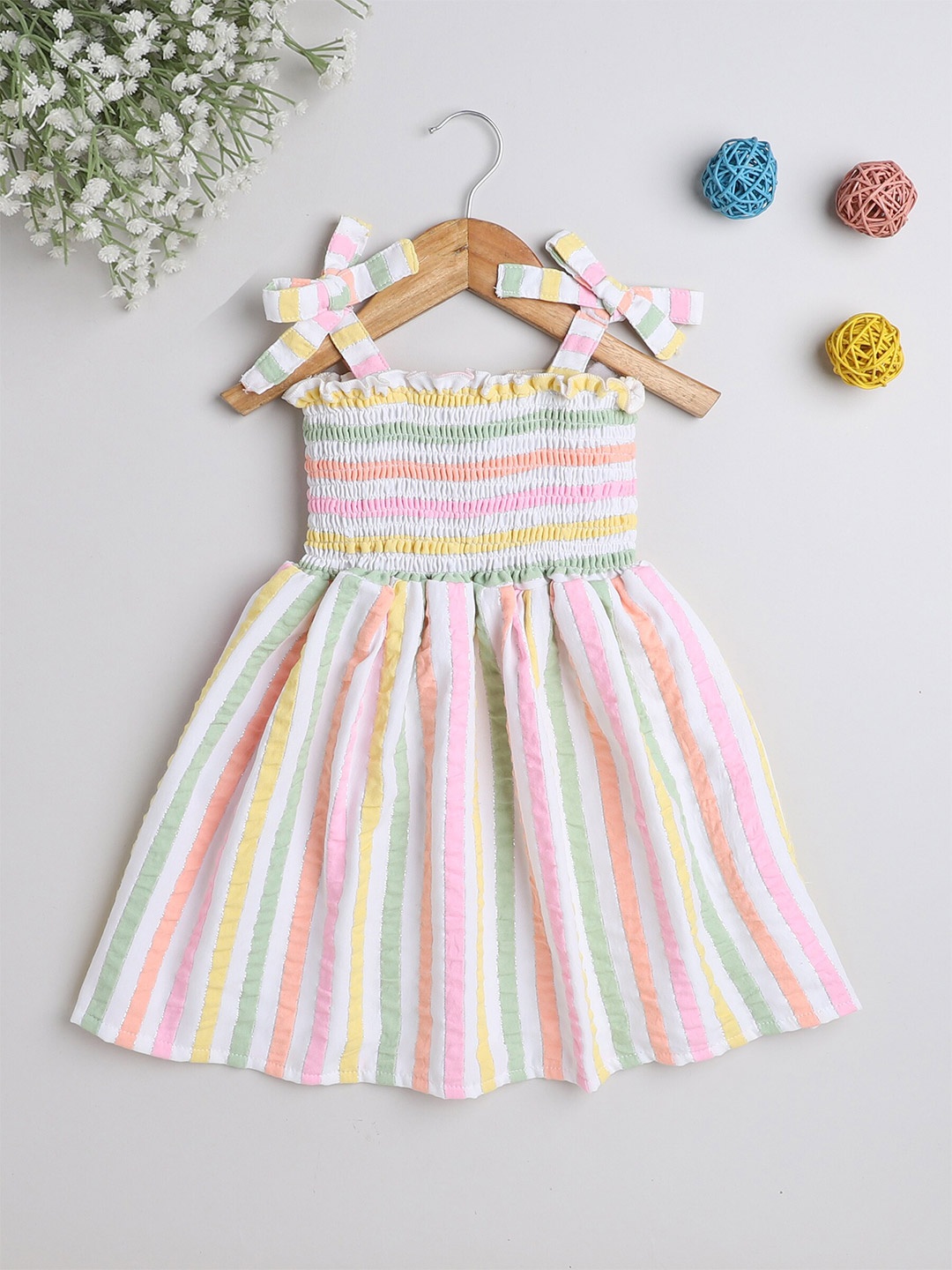 

The Magic Wand Girls Striped Smocked Fit & Flare Dress, White