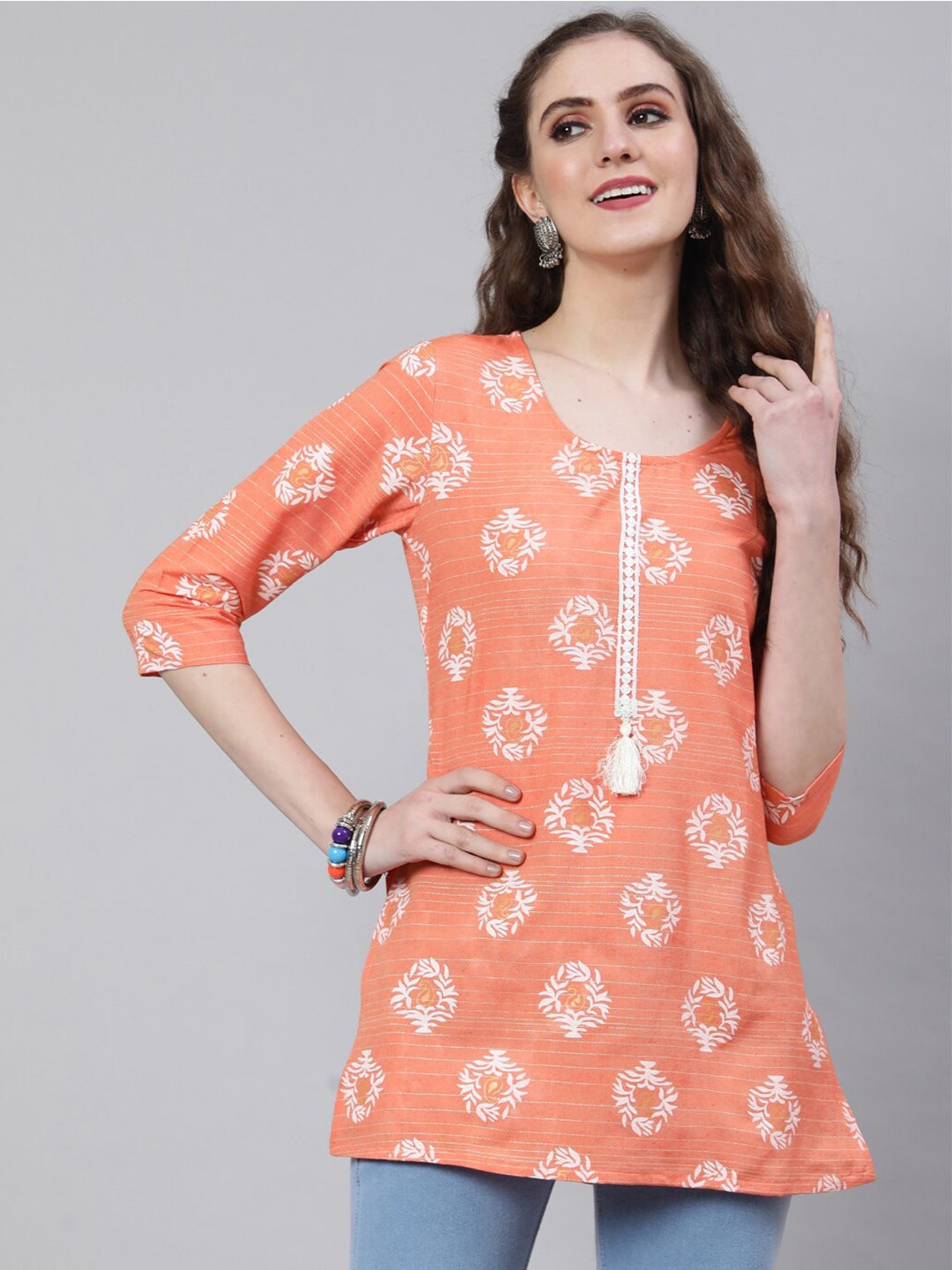 

AKIMIA Ethnic Motifs Printed Pure Cotton Kurti, Peach