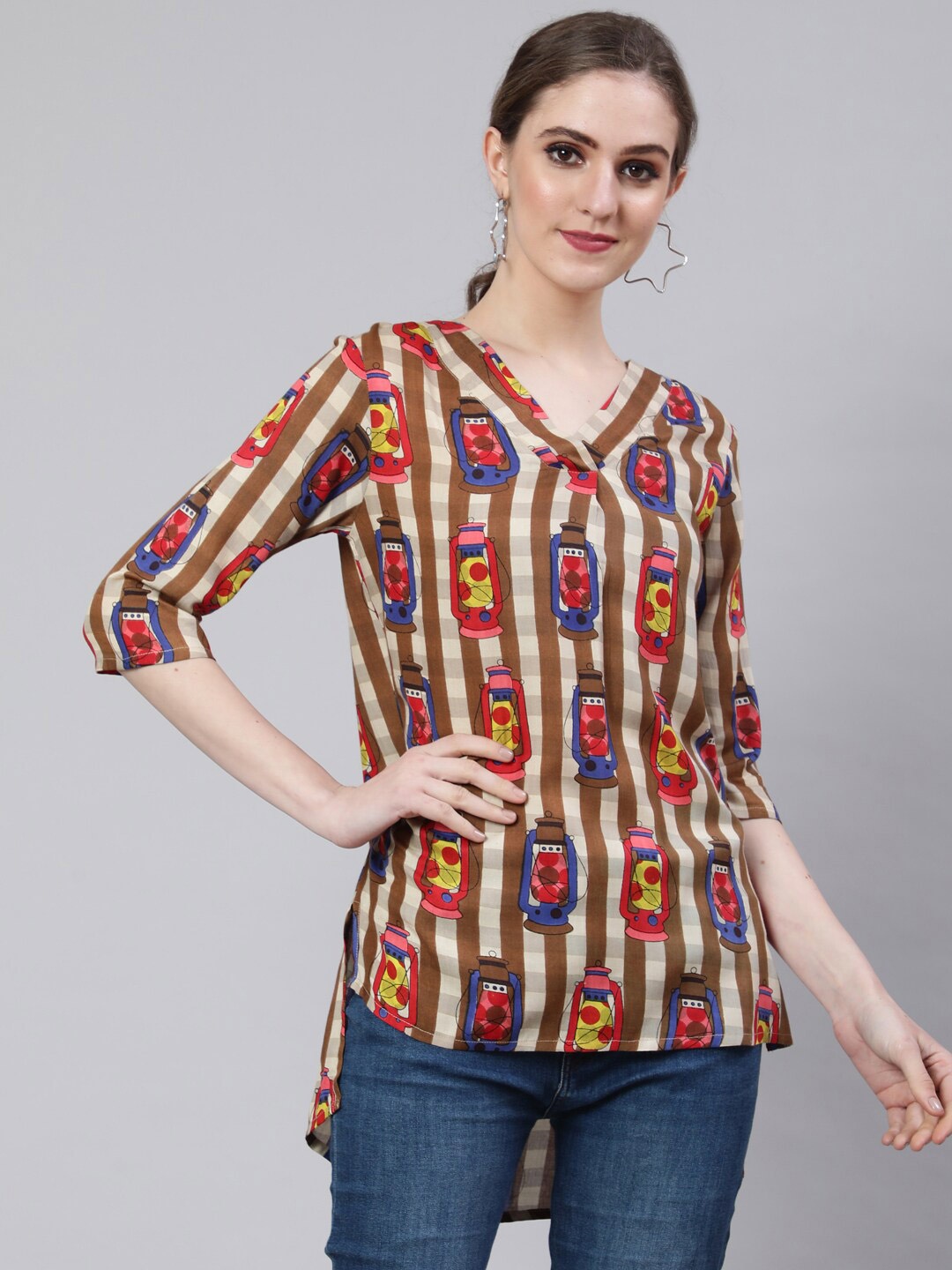 

AKIMIA Conversational Printed High Low Hem V-Neck Kurti, Brown