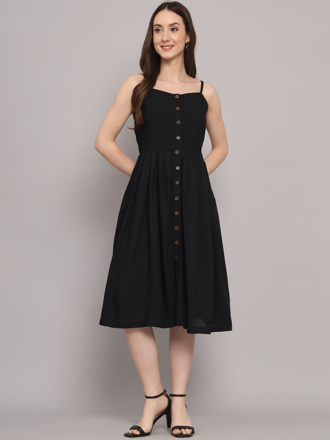 

Myshka Pleated Cotton A-Line Dress, Black