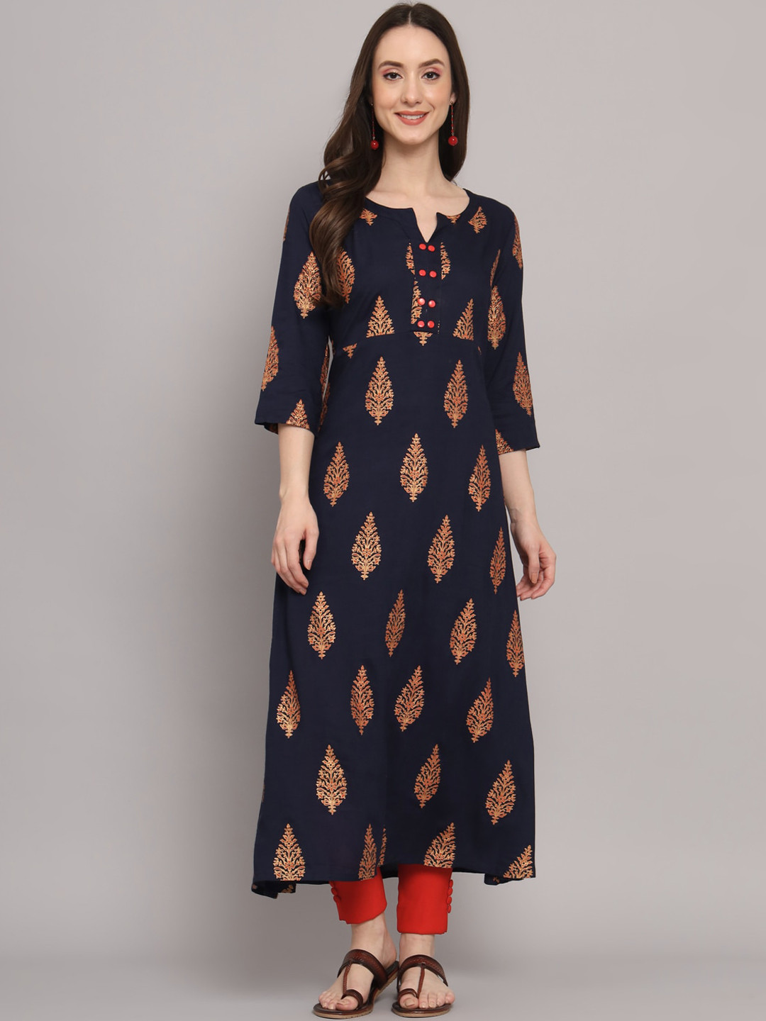

Myshka Ethnic Motifs Printed Cotton A-Line Kurta, Navy blue