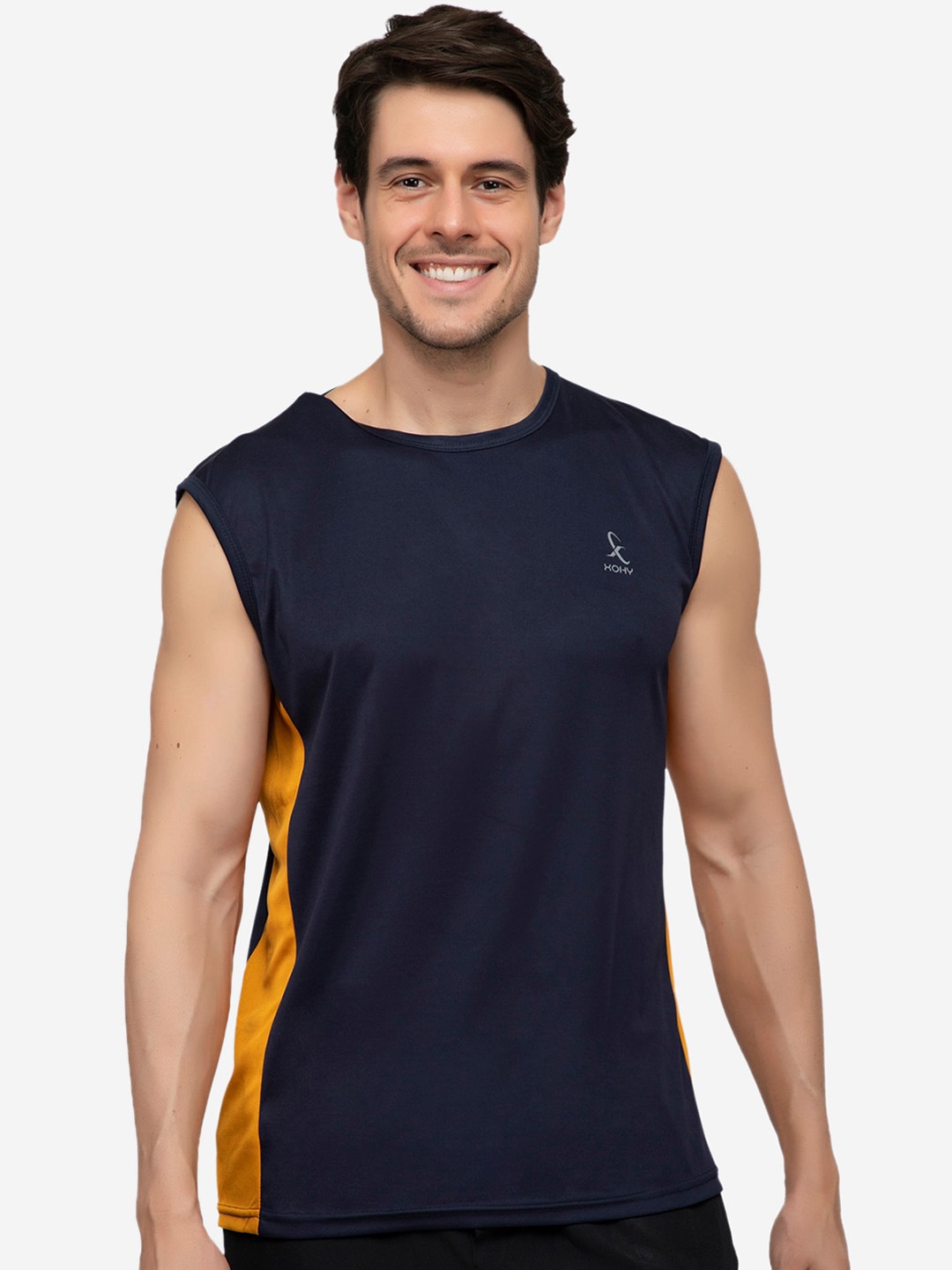 

Xohy Men Colourblocked Round Neck Gym Vest, Navy blue