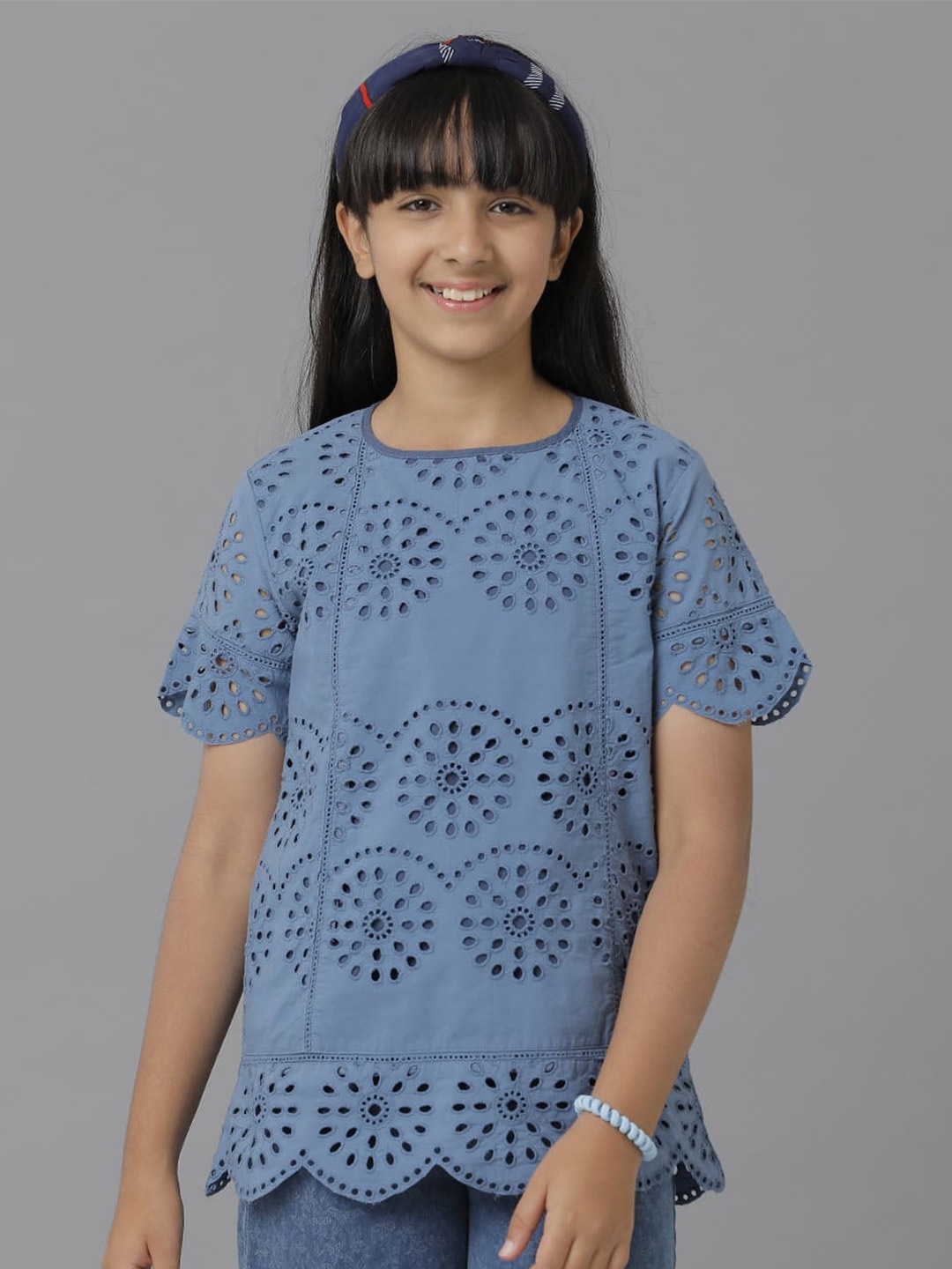 

UNDER FOURTEEN ONLY Girls Round Neck Schiffli Cut Out Detail Cotton Top, Navy blue